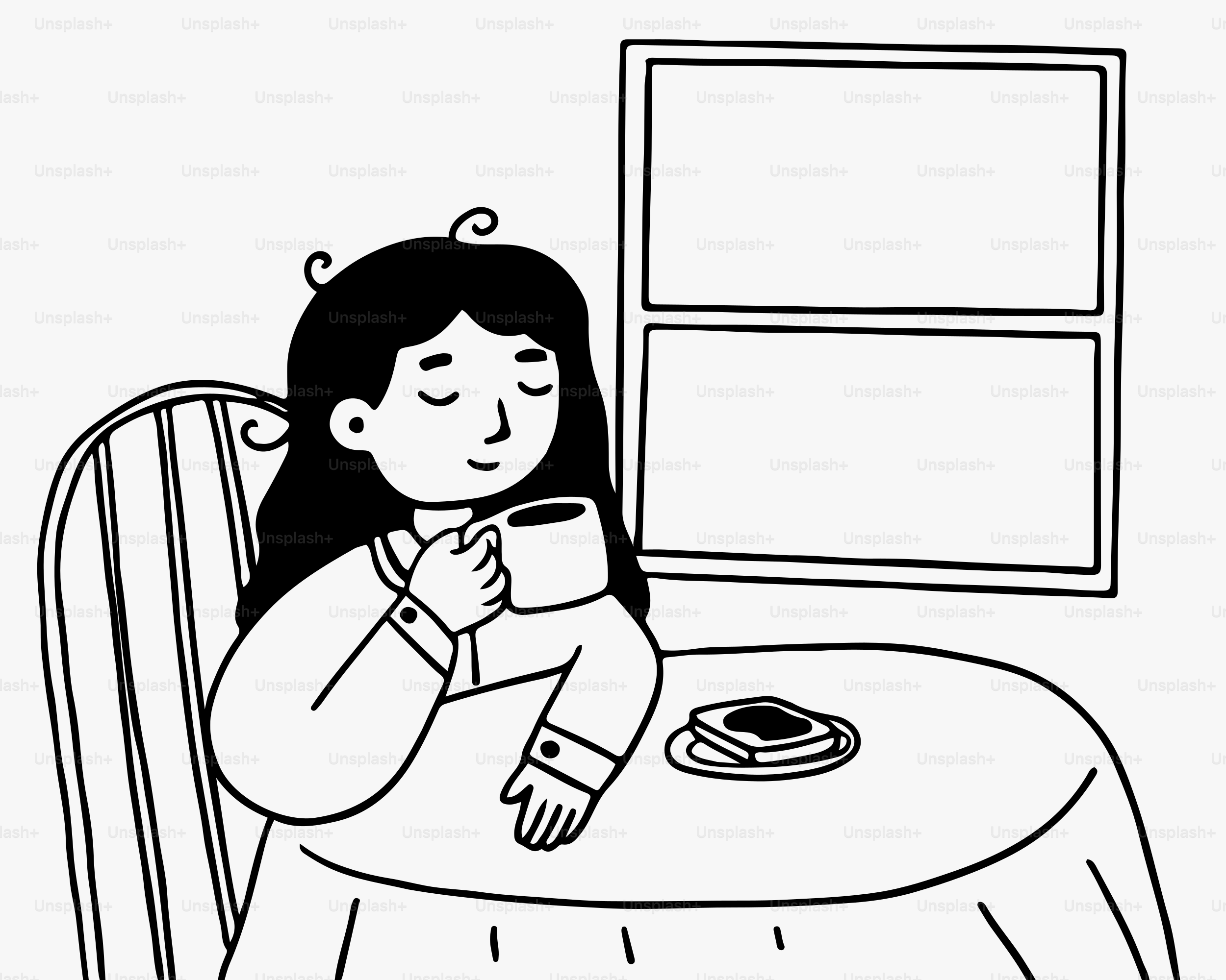 A woman sitting at a table with a cup of coffee