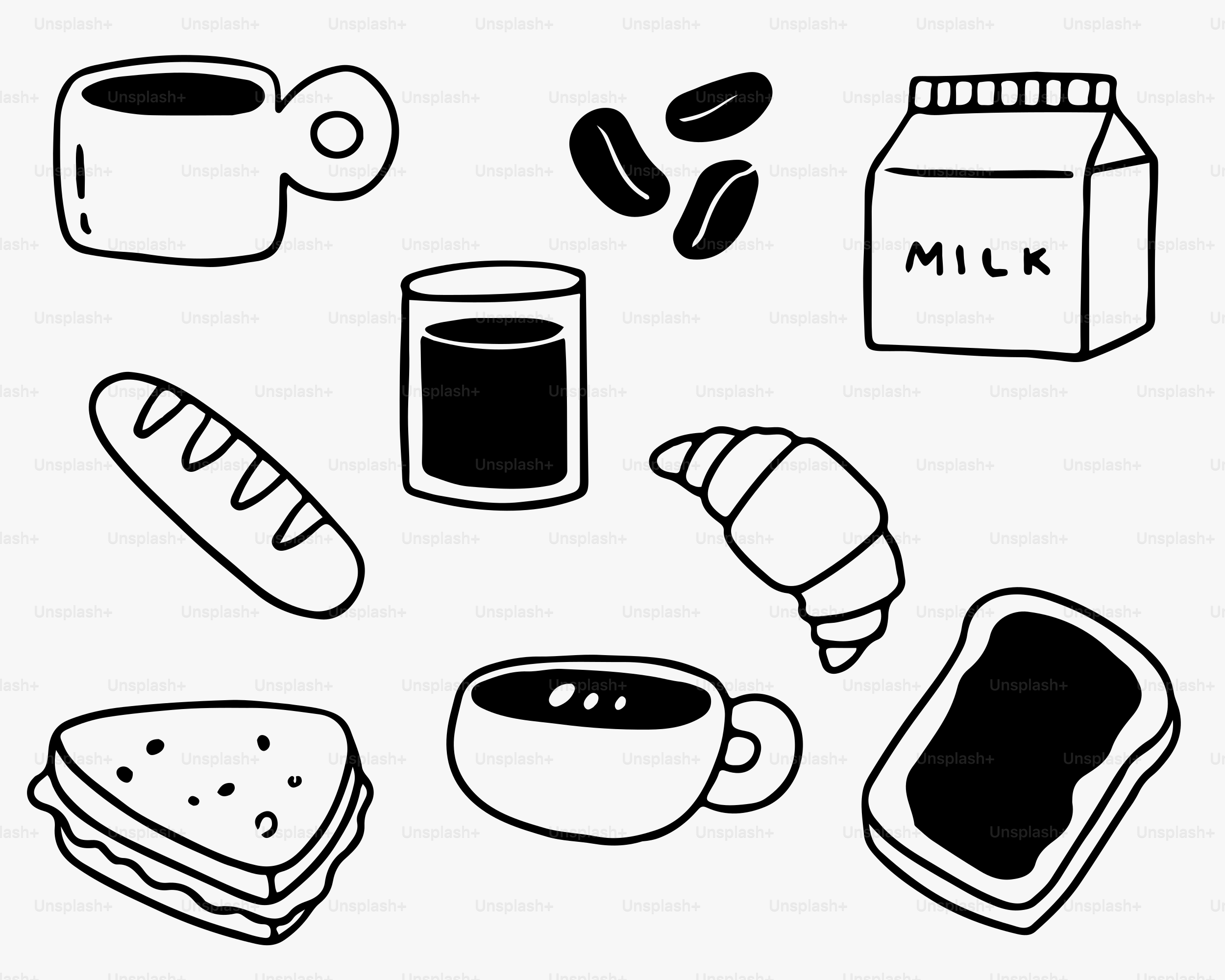 Eine Schwarzweißzeichnung von Frühstücksgerichten