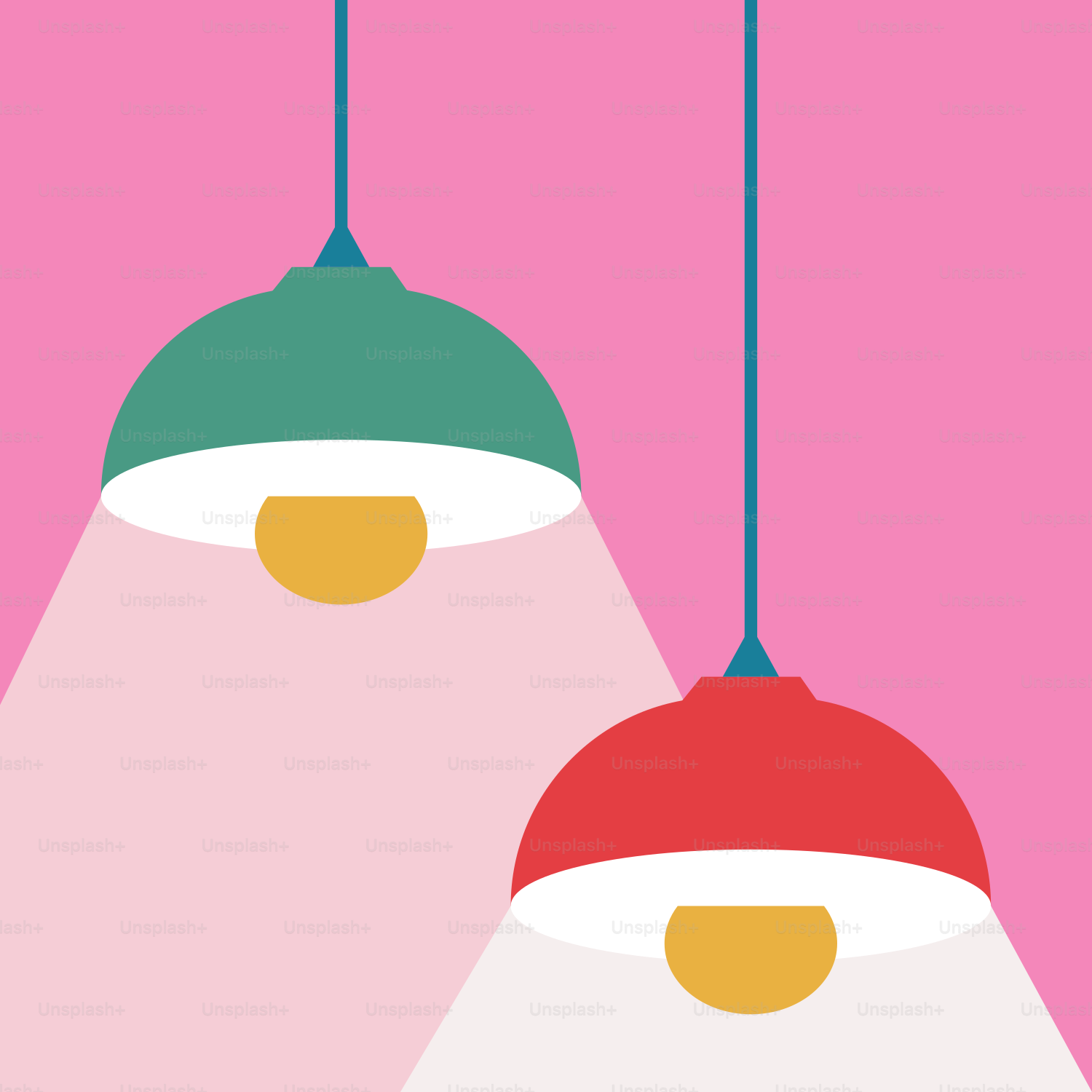 A couple of lights hanging from a pink ceiling