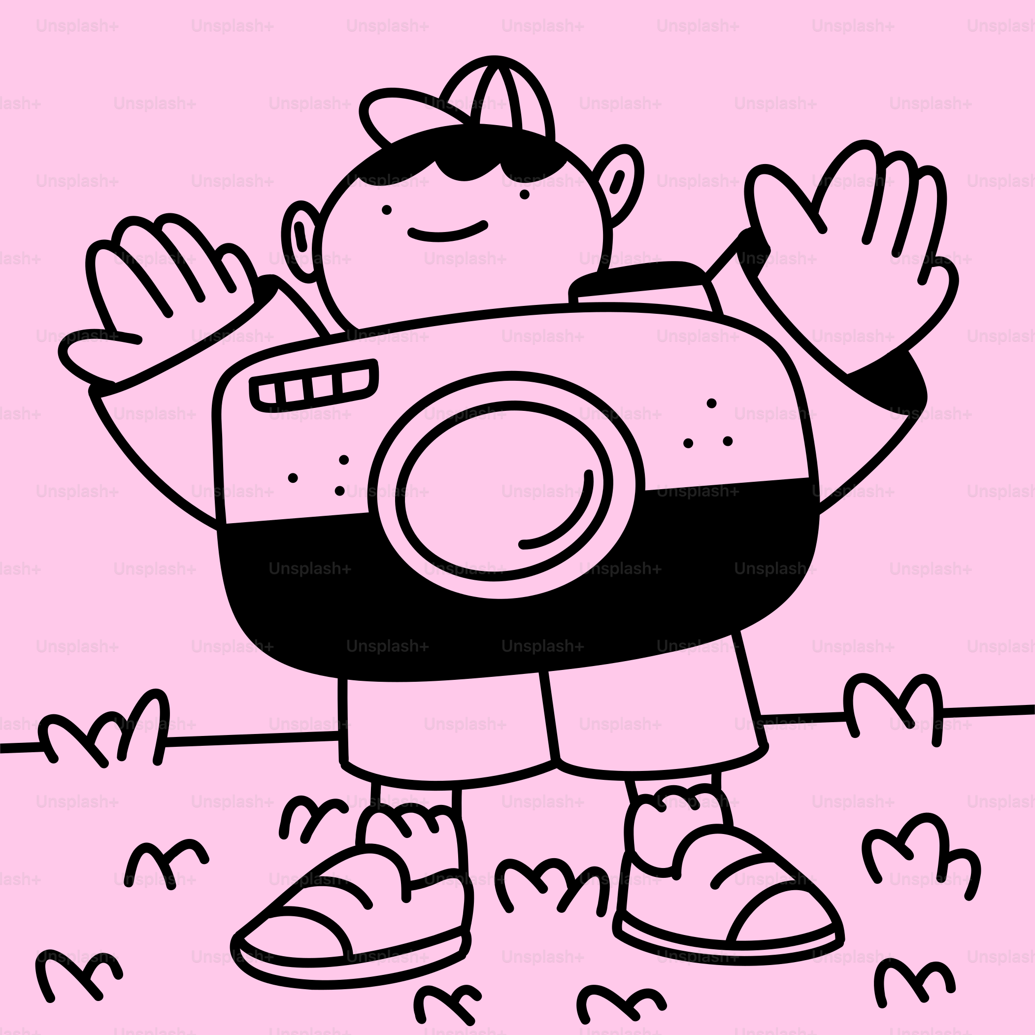Un disegno in bianco e nero di una persona che tiene in mano una macchina fotografica