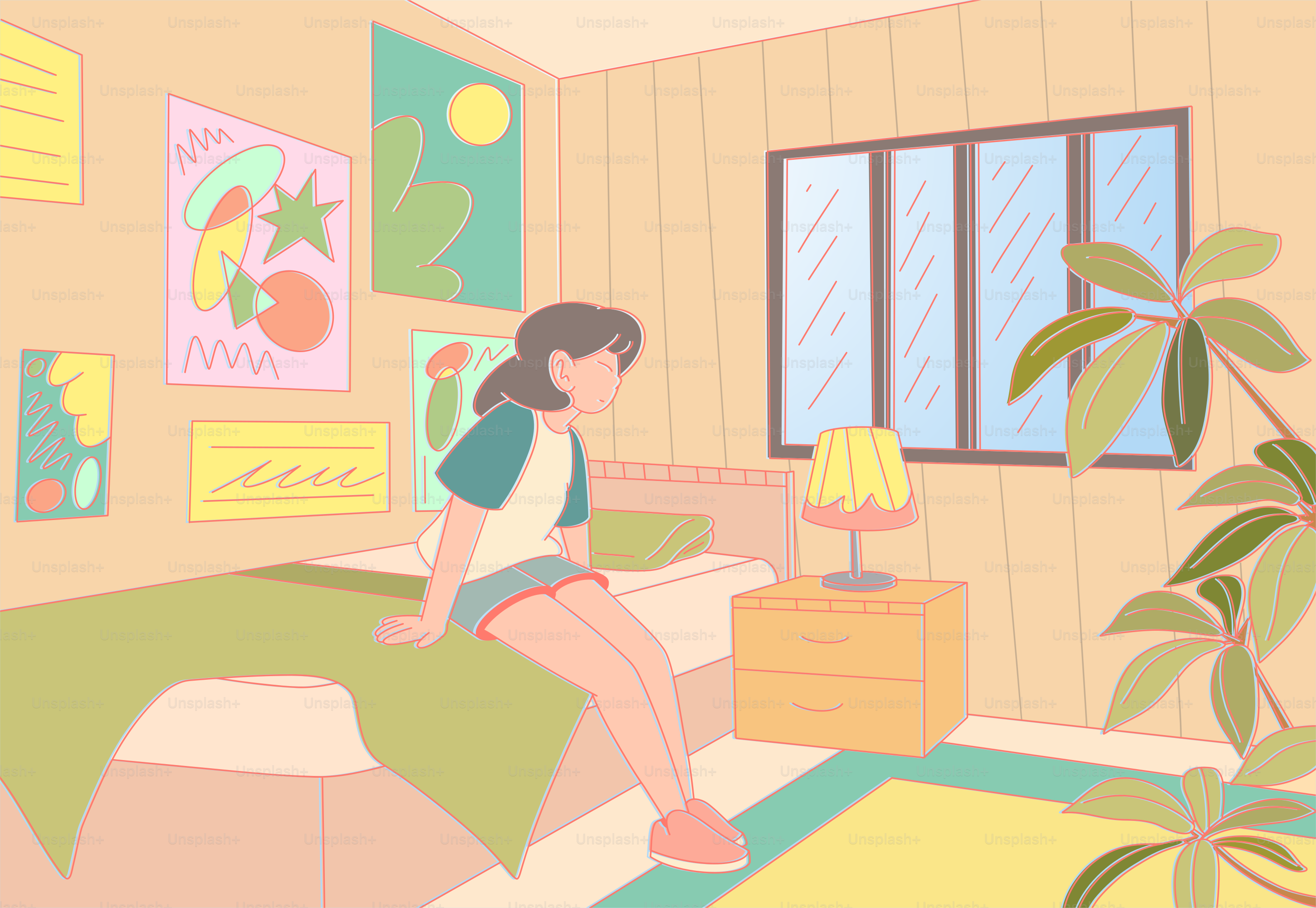 A woman sitting on a bed in a room