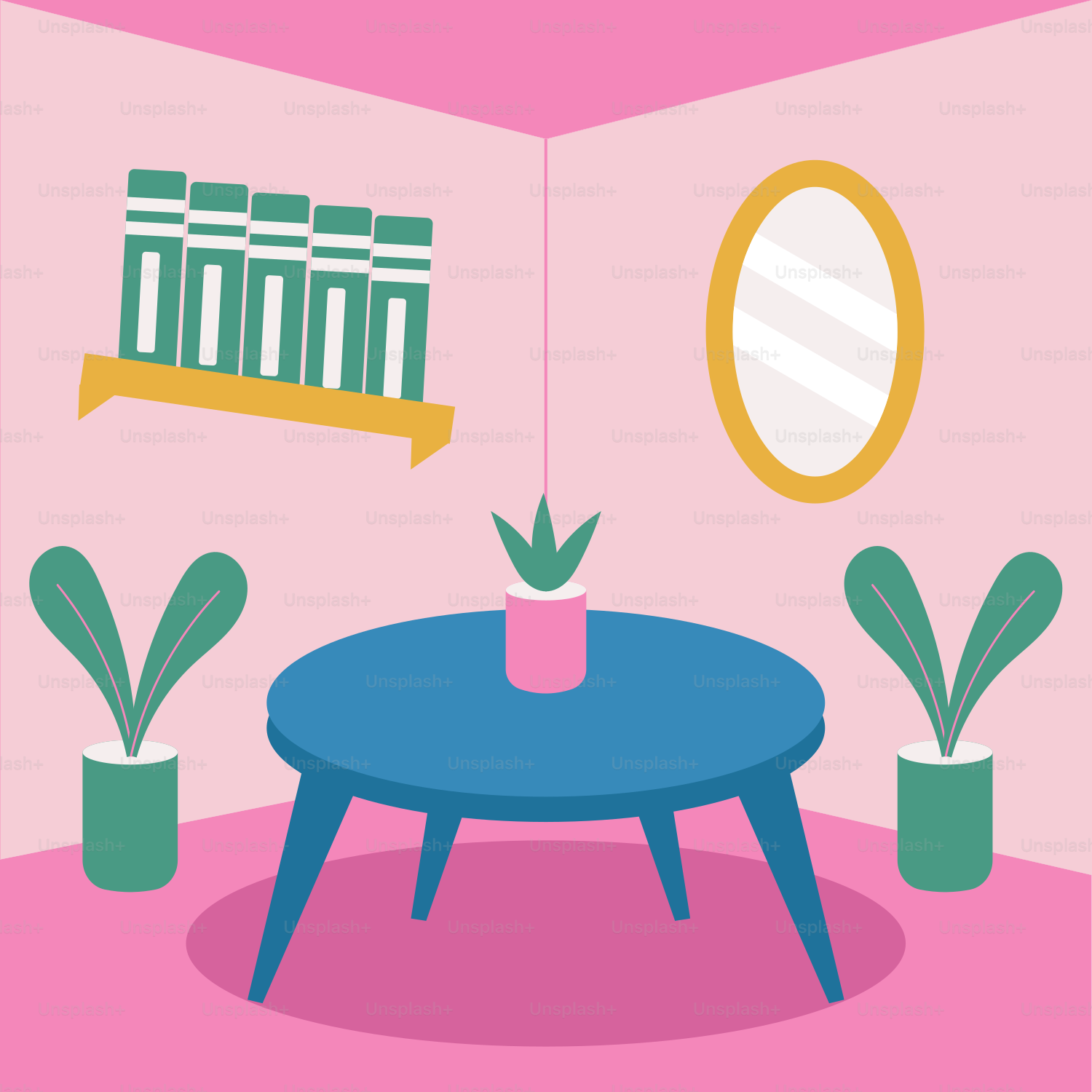 A pink room with a blue table and potted plants