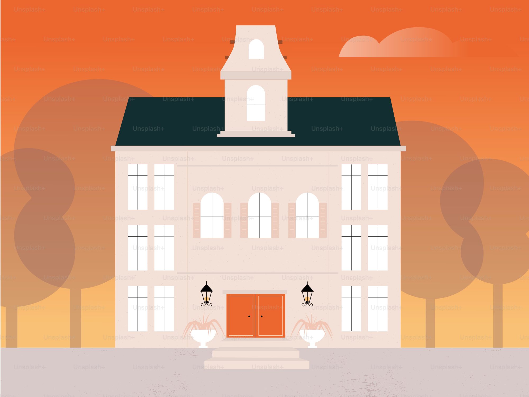 Um pôster de um prédio com uma torre de relógio