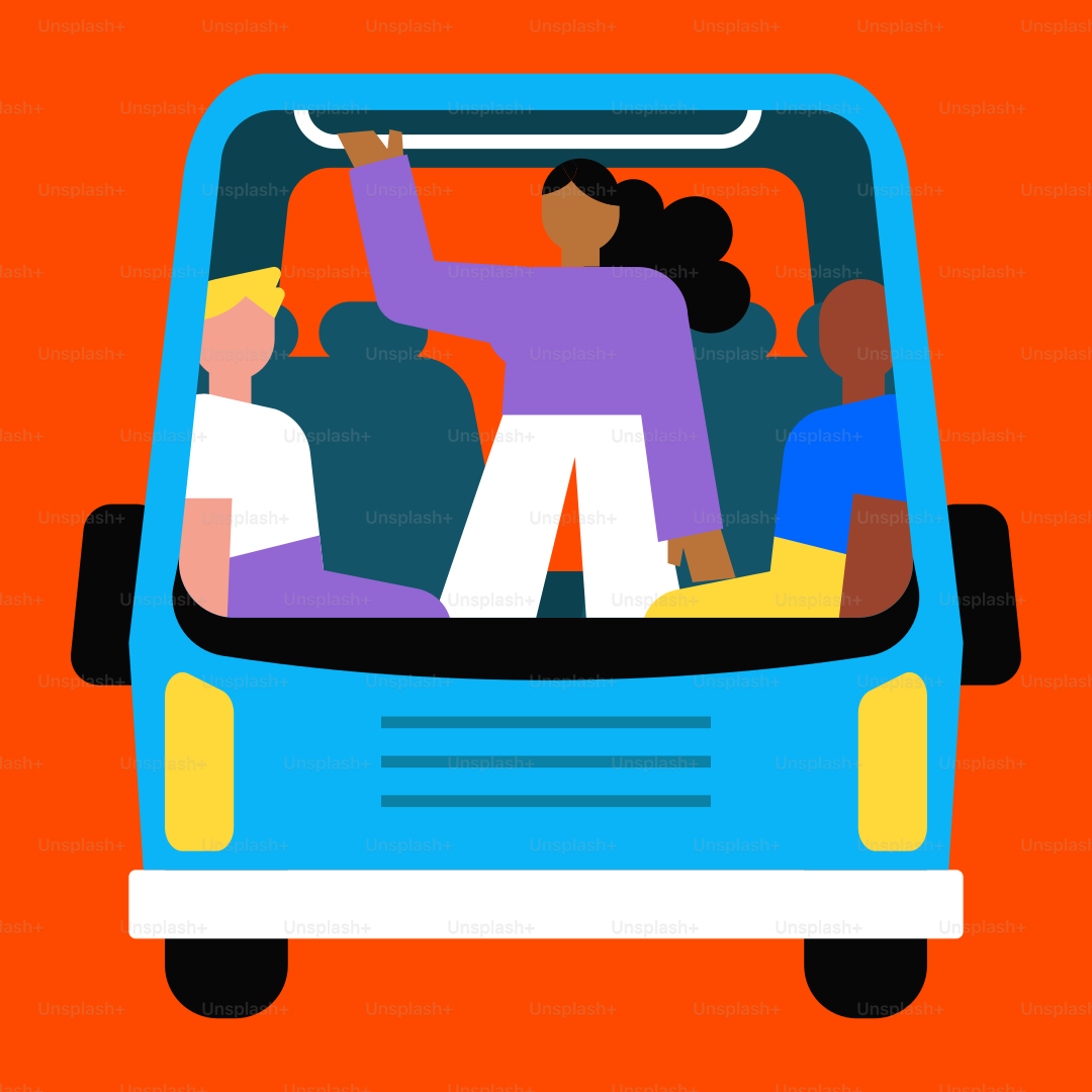 Eine Gruppe von Menschen, die auf dem Rücksitz eines Busses fahren