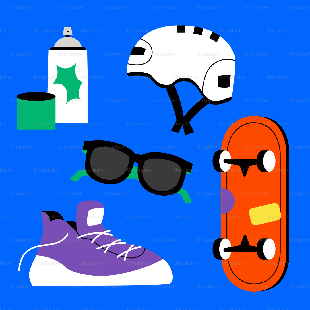 Ein blauer Hintergrund mit einem Skateboard, einer Sonnenbrille und einem Helm