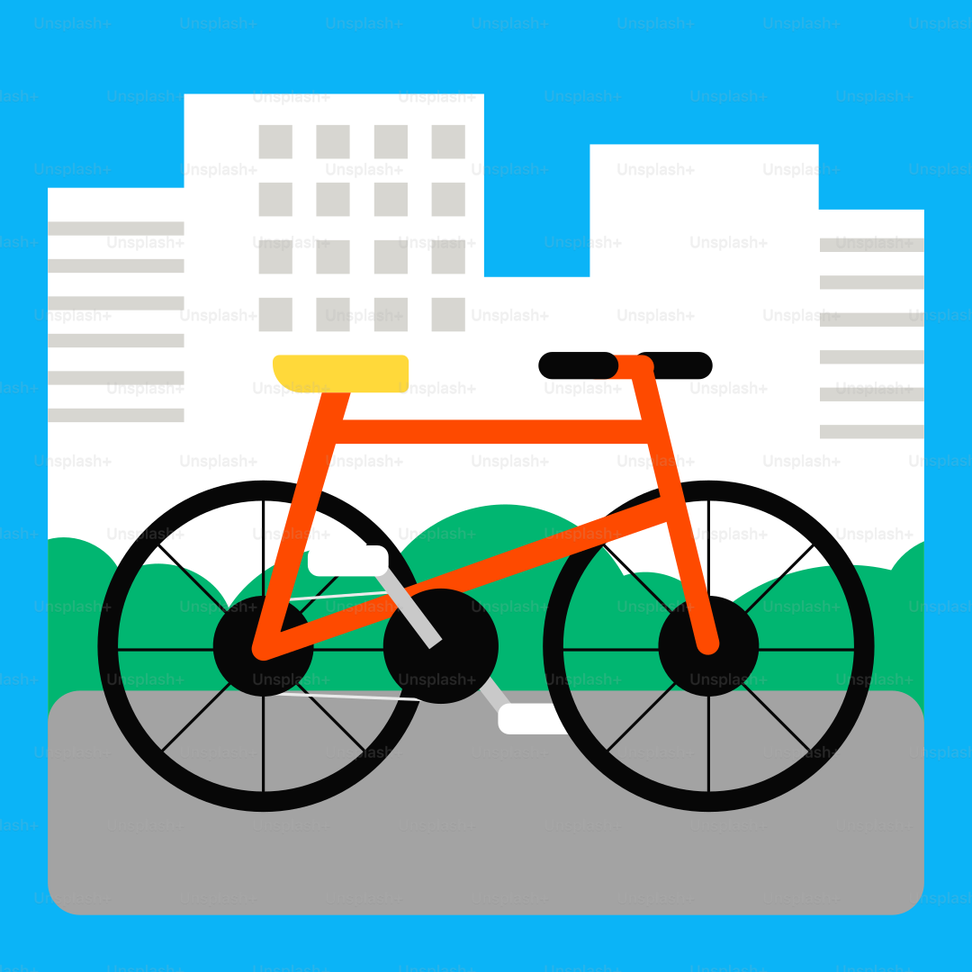 A picture of a bike with buildings in the background