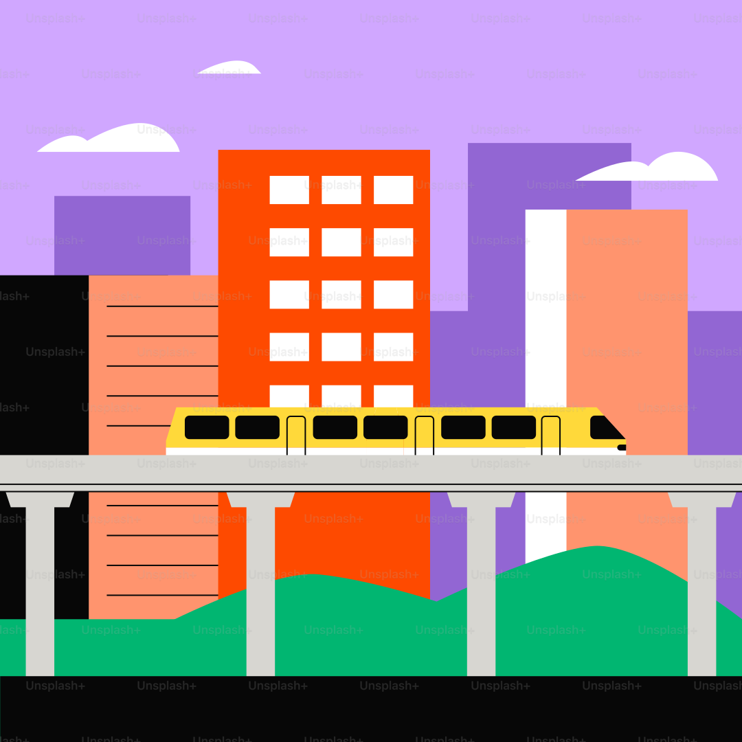 Ein gelber Zug, der durch eine Stadt neben hohen Gebäuden fährt