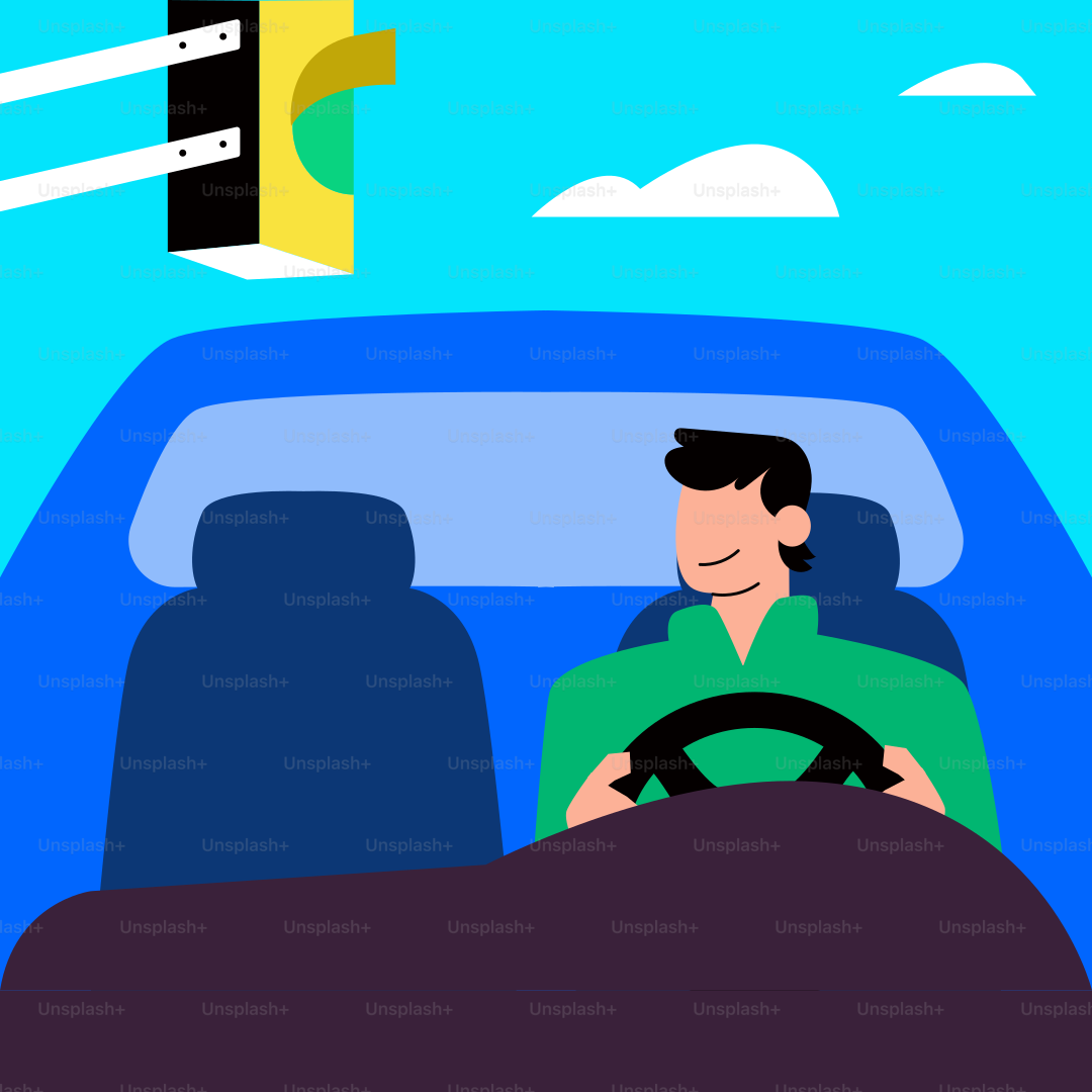 A man driving a car with a traffic light above him