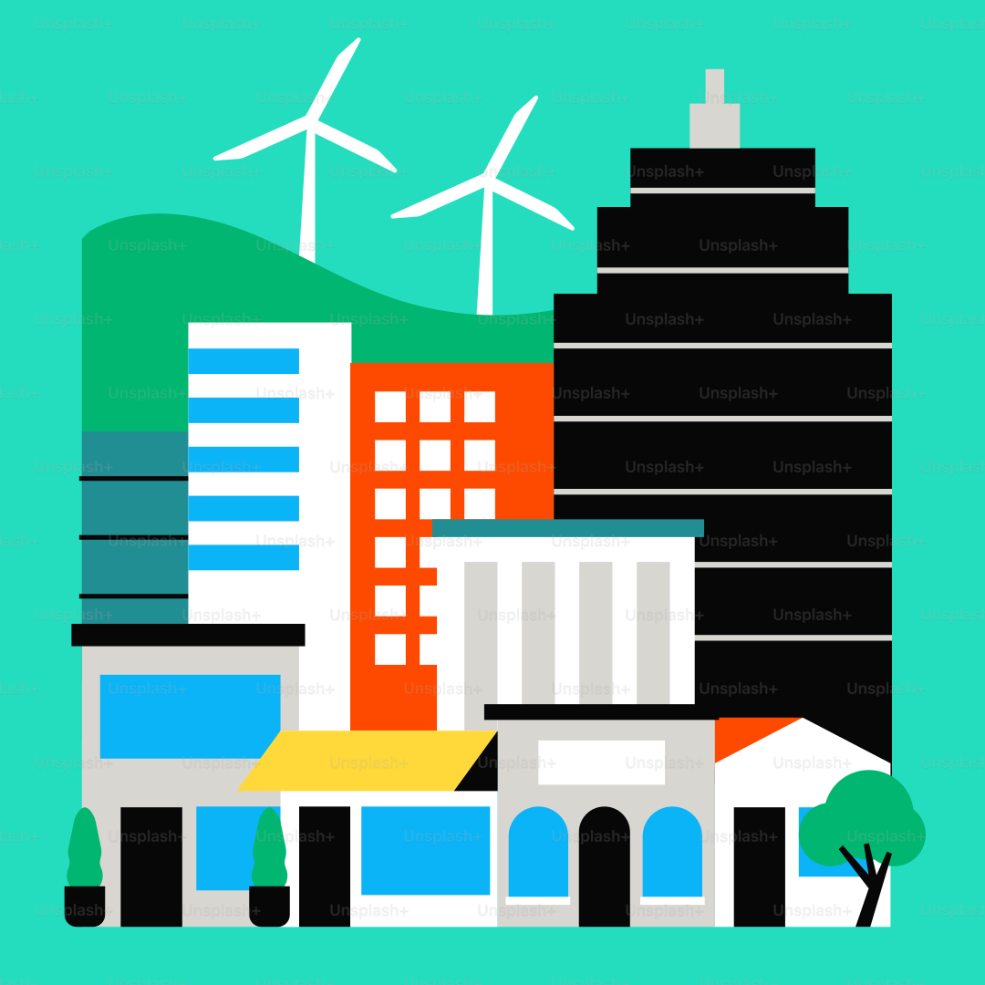 A green background with buildings and windmills