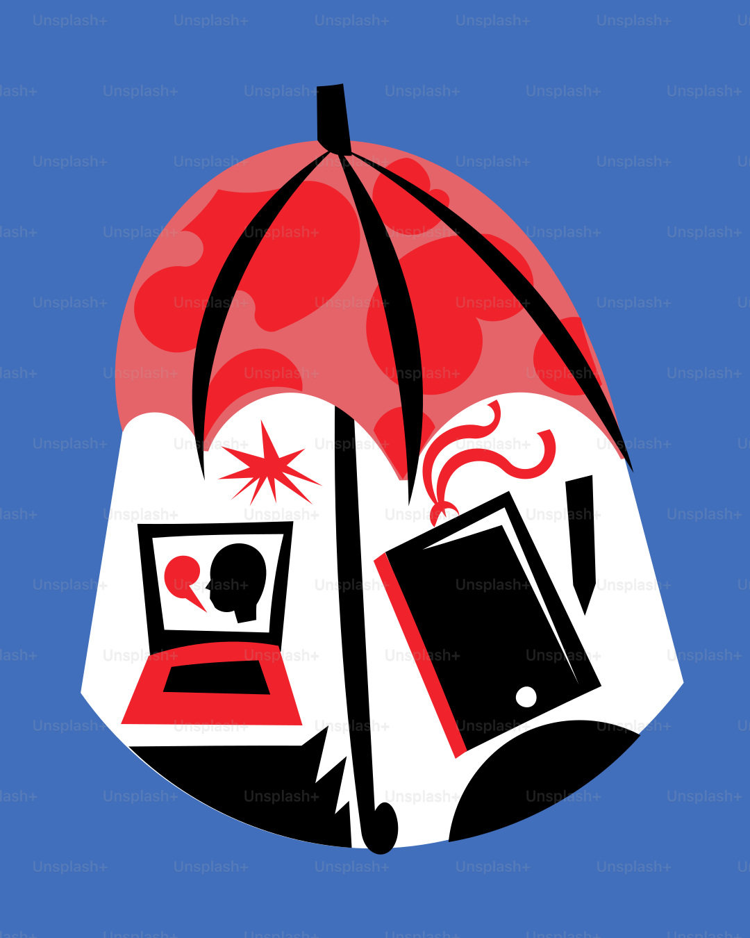 Ein Bild von einem Regenschirm und einer Person, die auf einem Stuhl sitzt