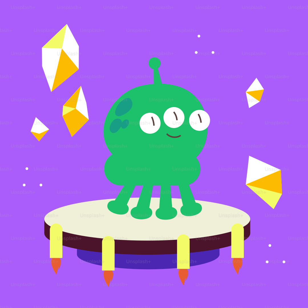 A green cartoon character sitting on top of a table