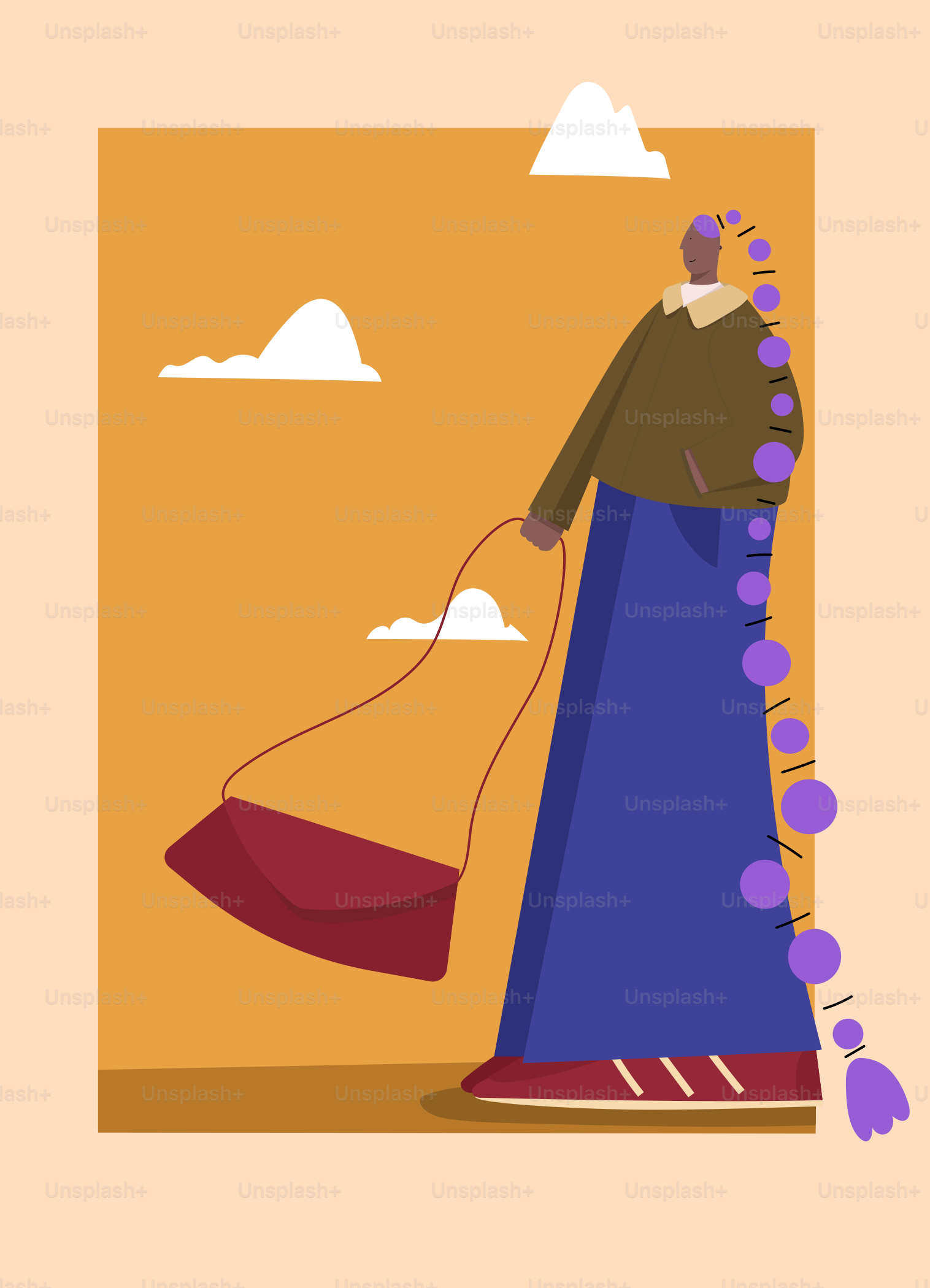 A woman in a blue dress holding a red bag