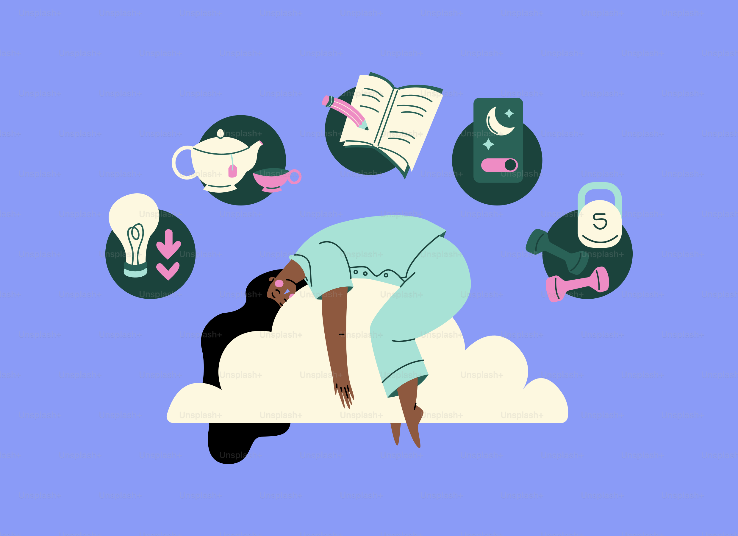 A woman sleeping on top of a cloud surrounded by icons