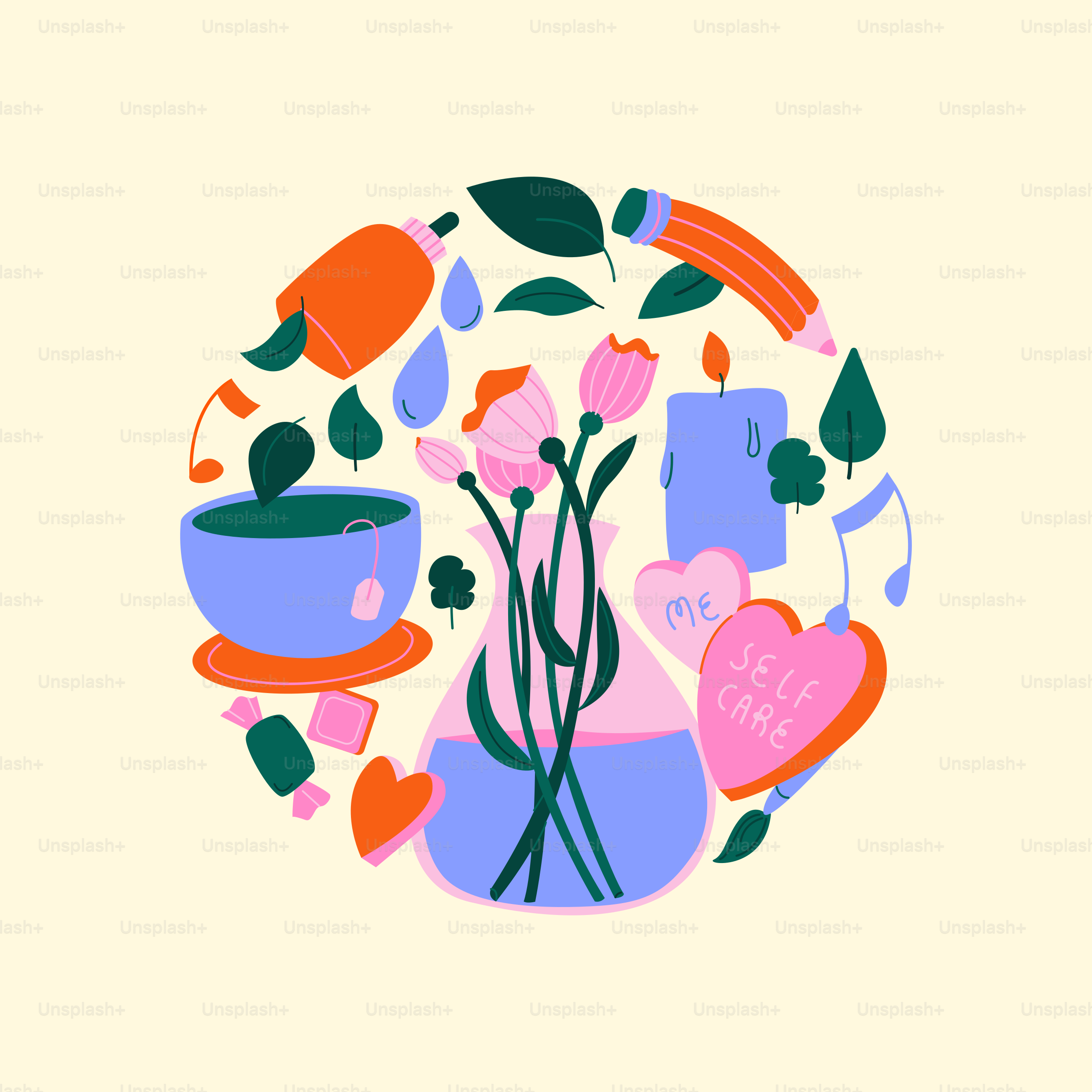 A picture of a cup of coffee and a vase of flowers