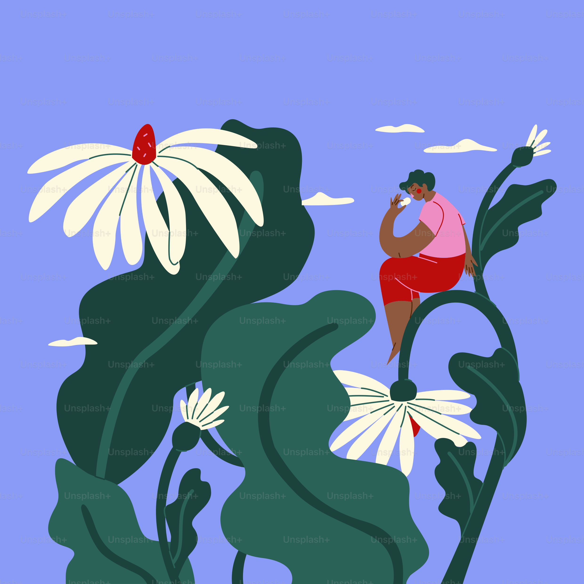 大きな花の上に座る男