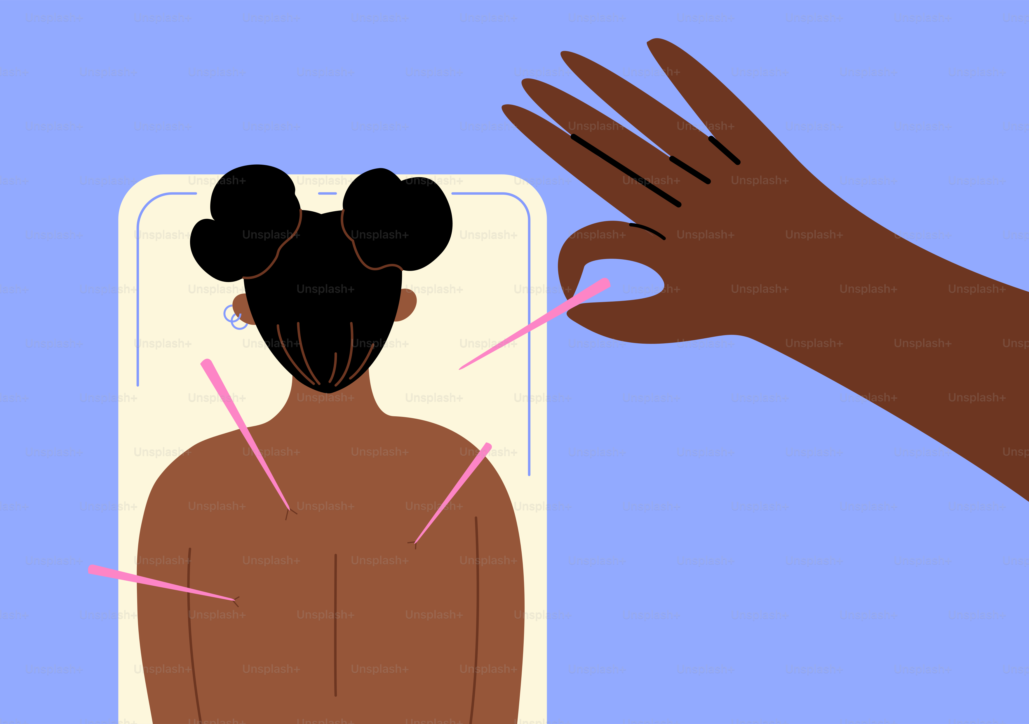Punggung seorang wanita ditampilkan dengan tangan di belakang kepalanya
