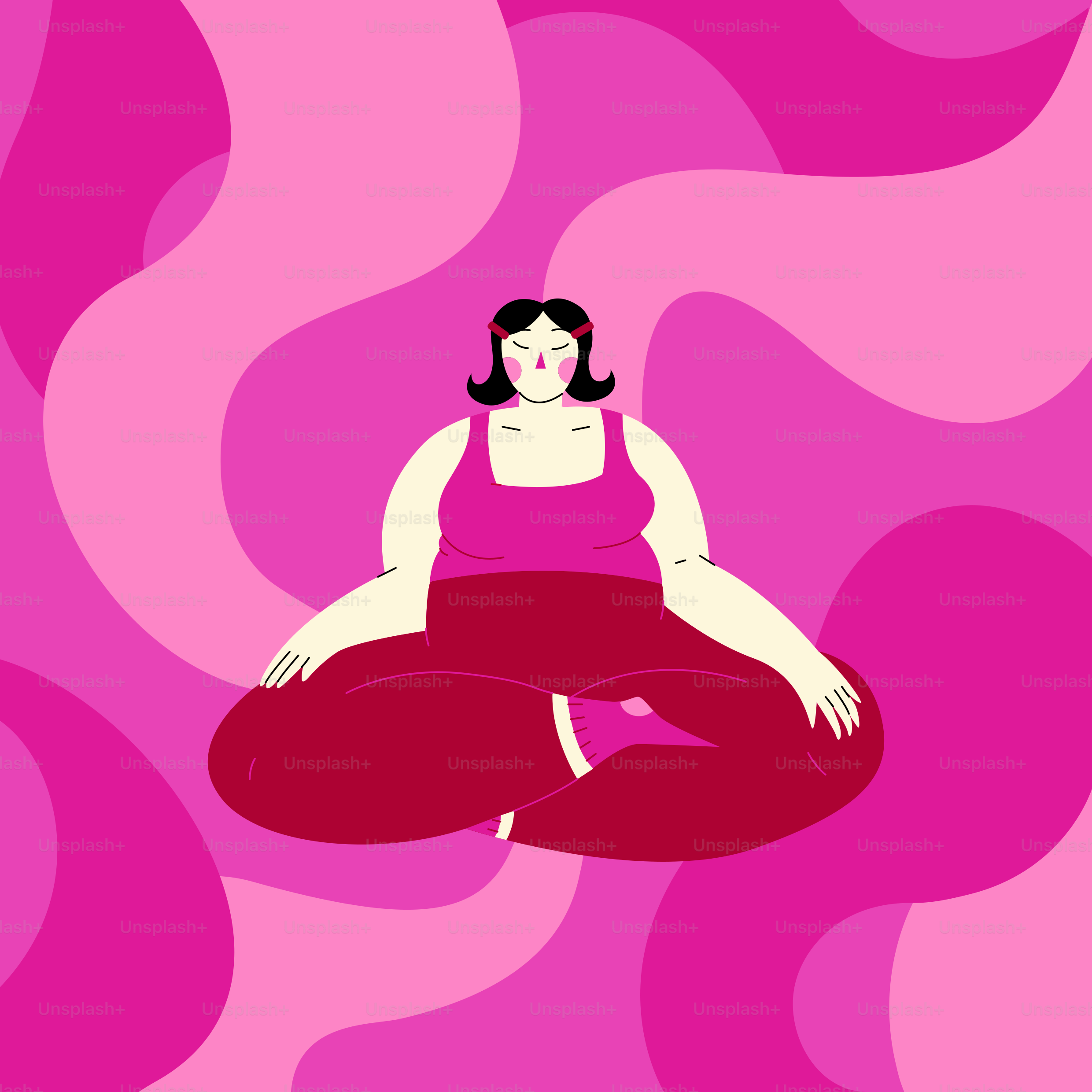 A woman in a red top is sitting on a pink background