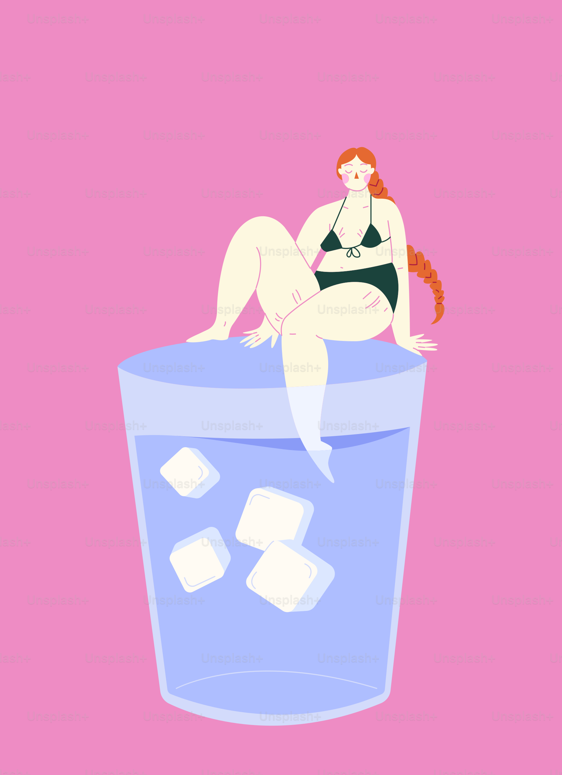 A woman in a bikini sitting on top of a glass of ice