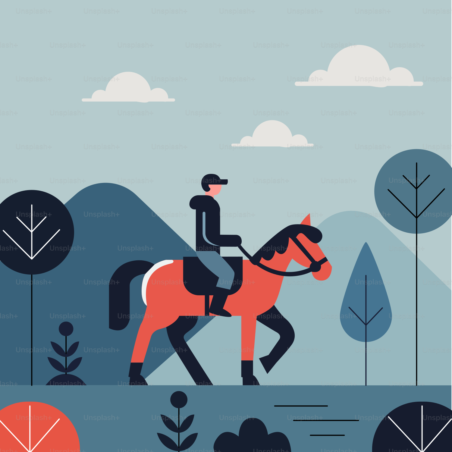 A man riding a horse through a forest