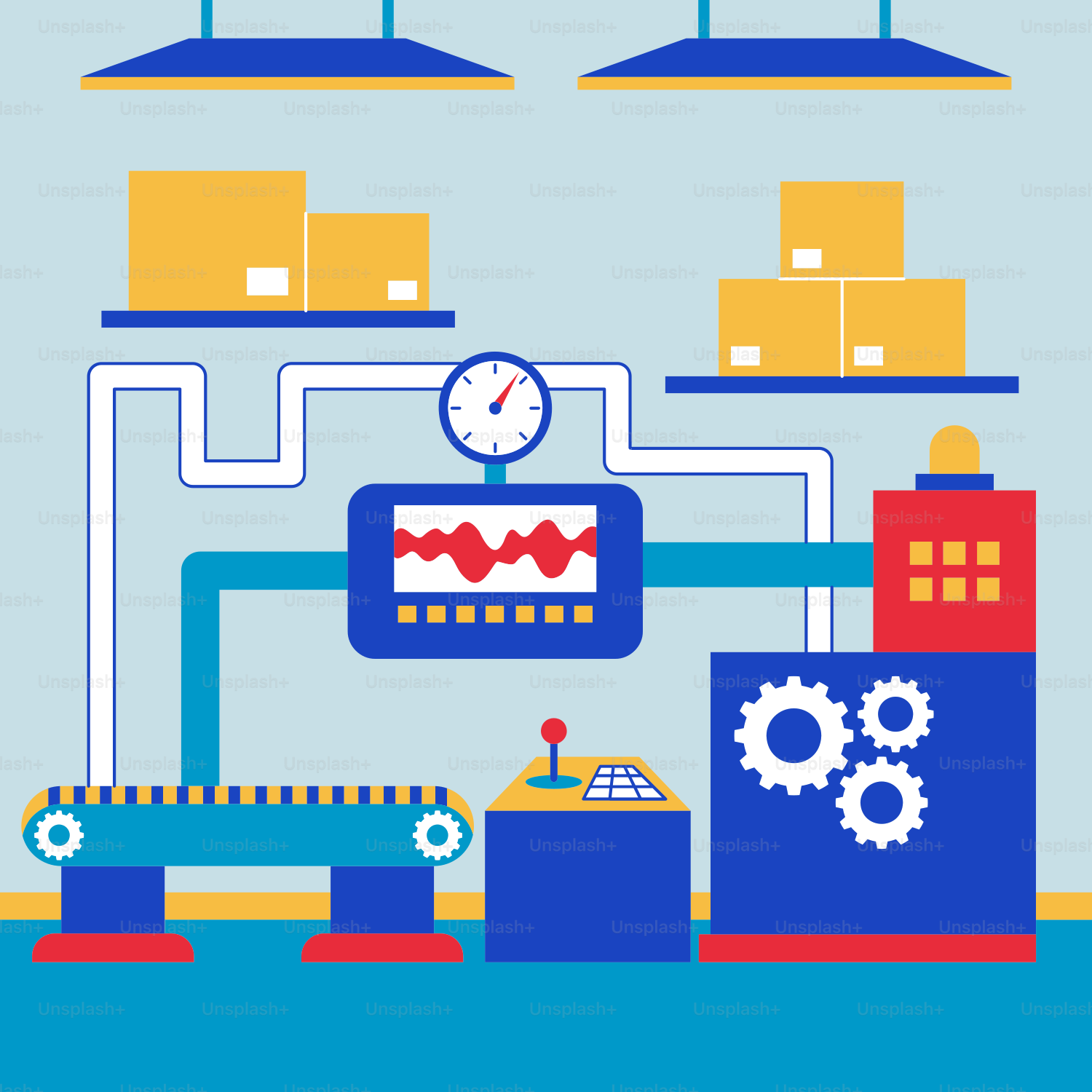 A picture of a factory with a clock on the wall