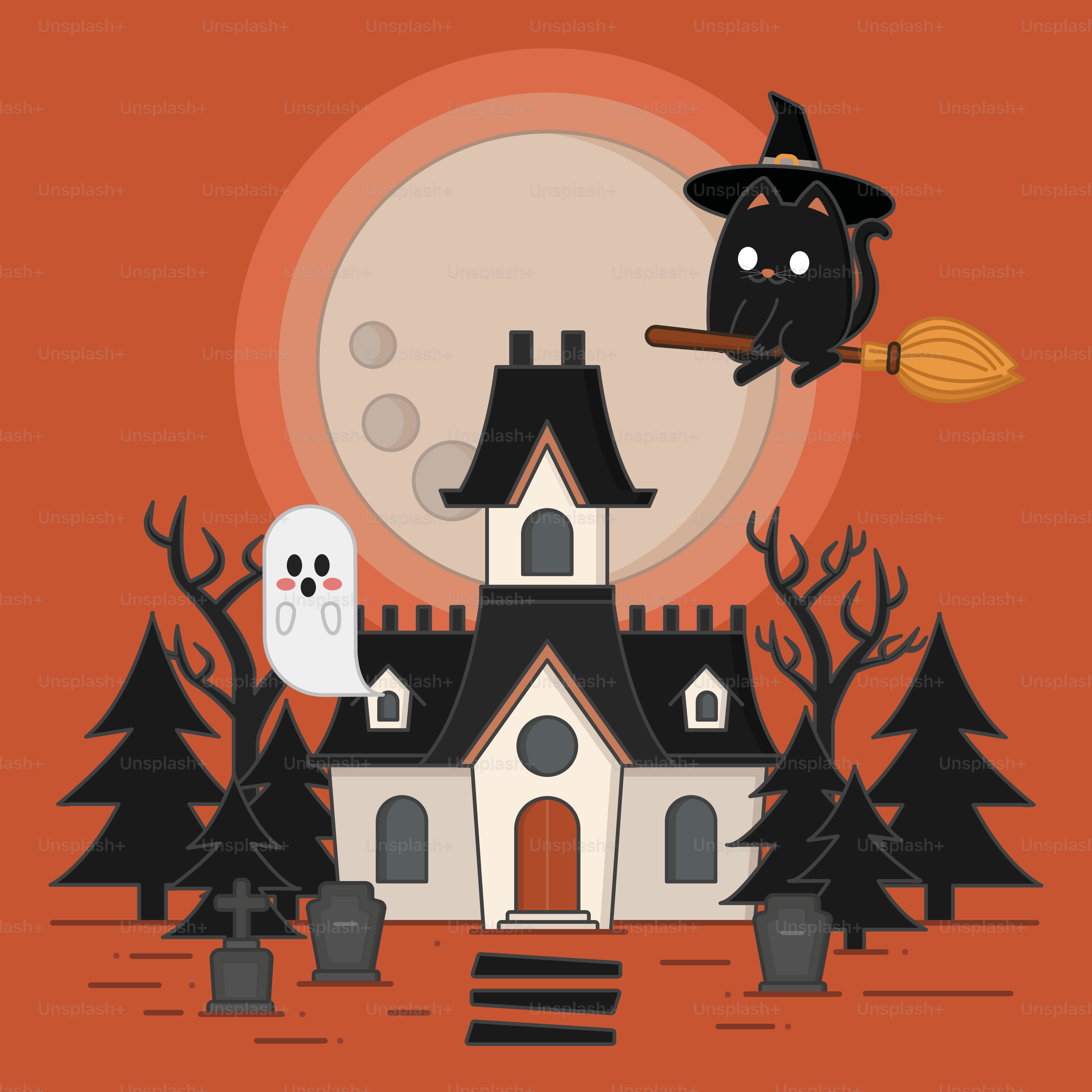 A halloween scene with a witch flying over a house