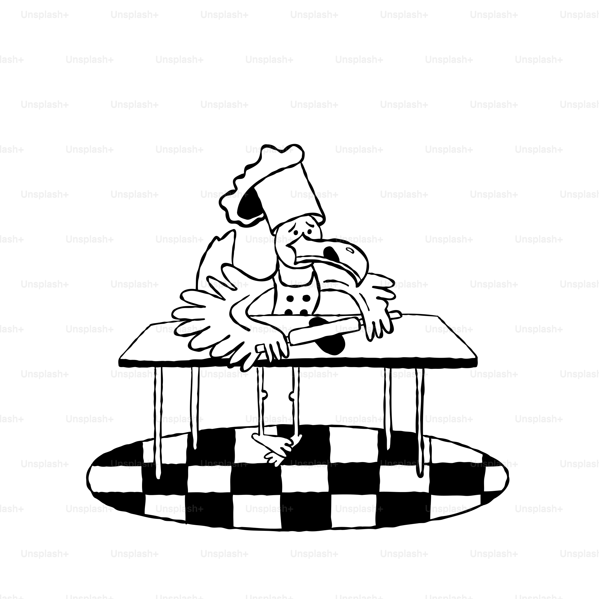 A black and white drawing of a person sitting at a table