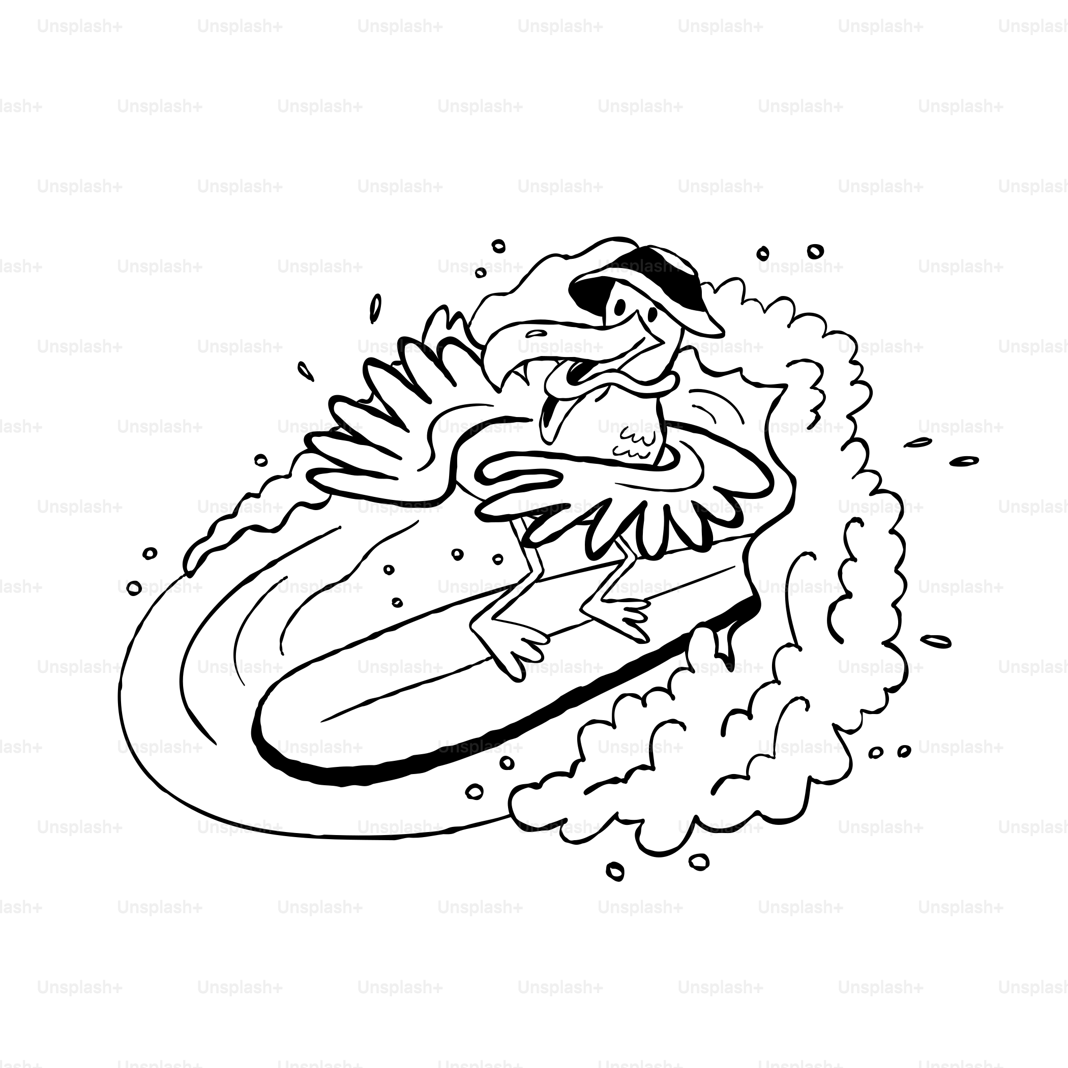 A black and white drawing of a bird on a surfboard