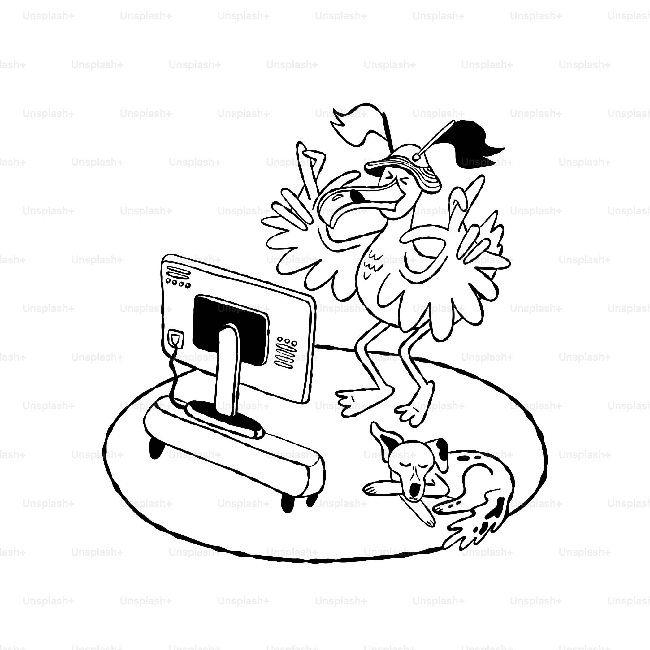 A black and white drawing of a cartoon character playing a video game