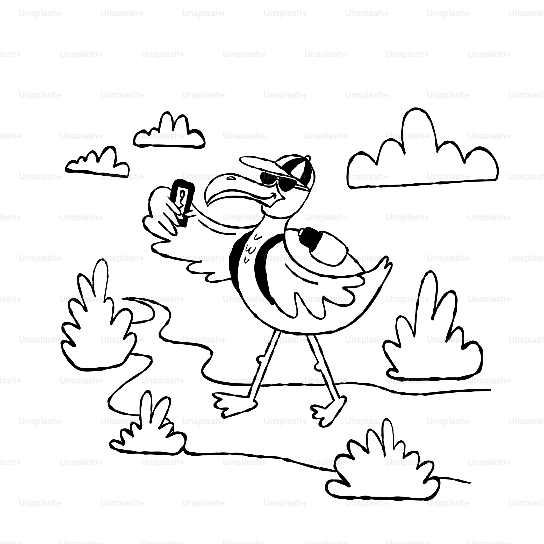 A drawing of a bird with a cell phone