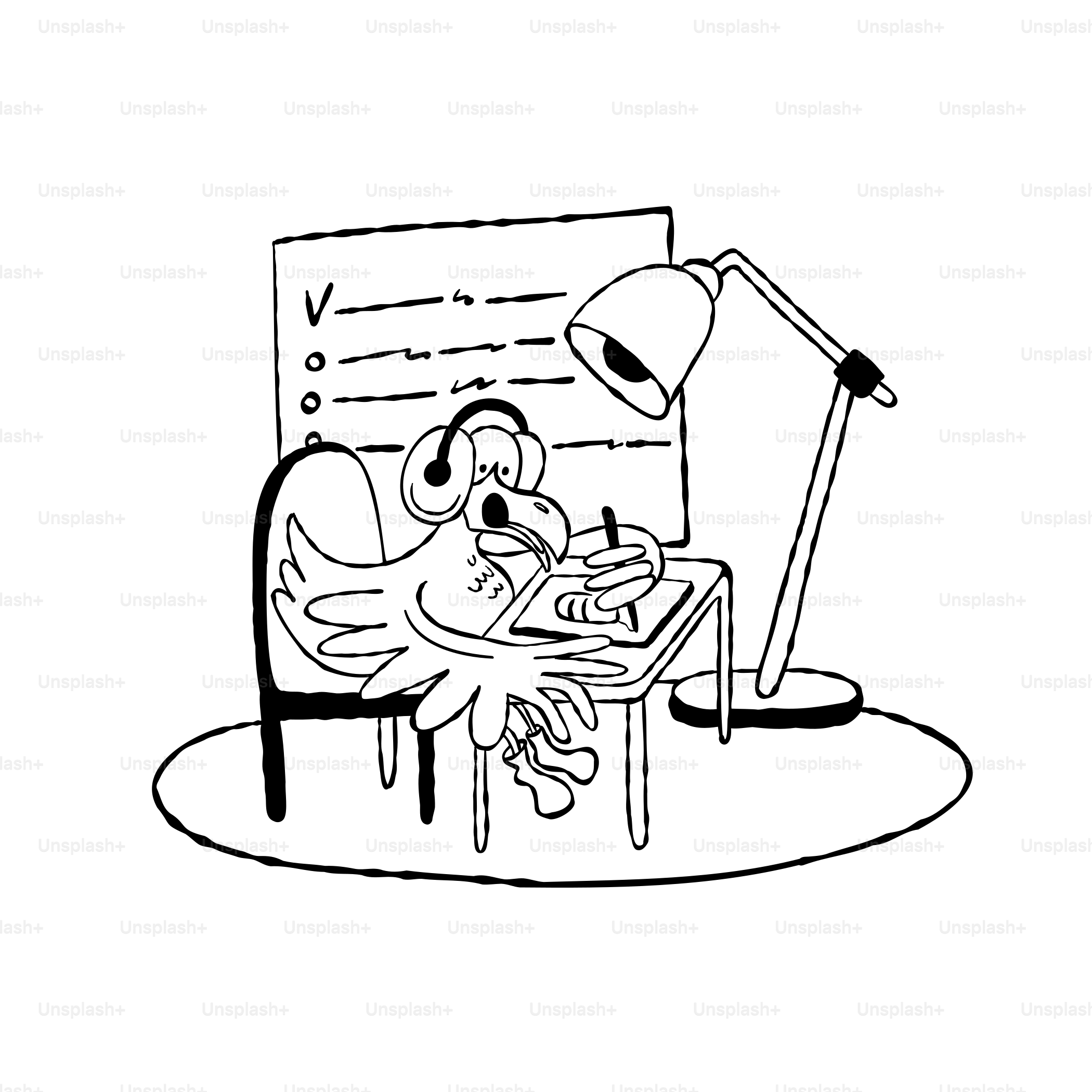 A drawing of a person sitting at a desk