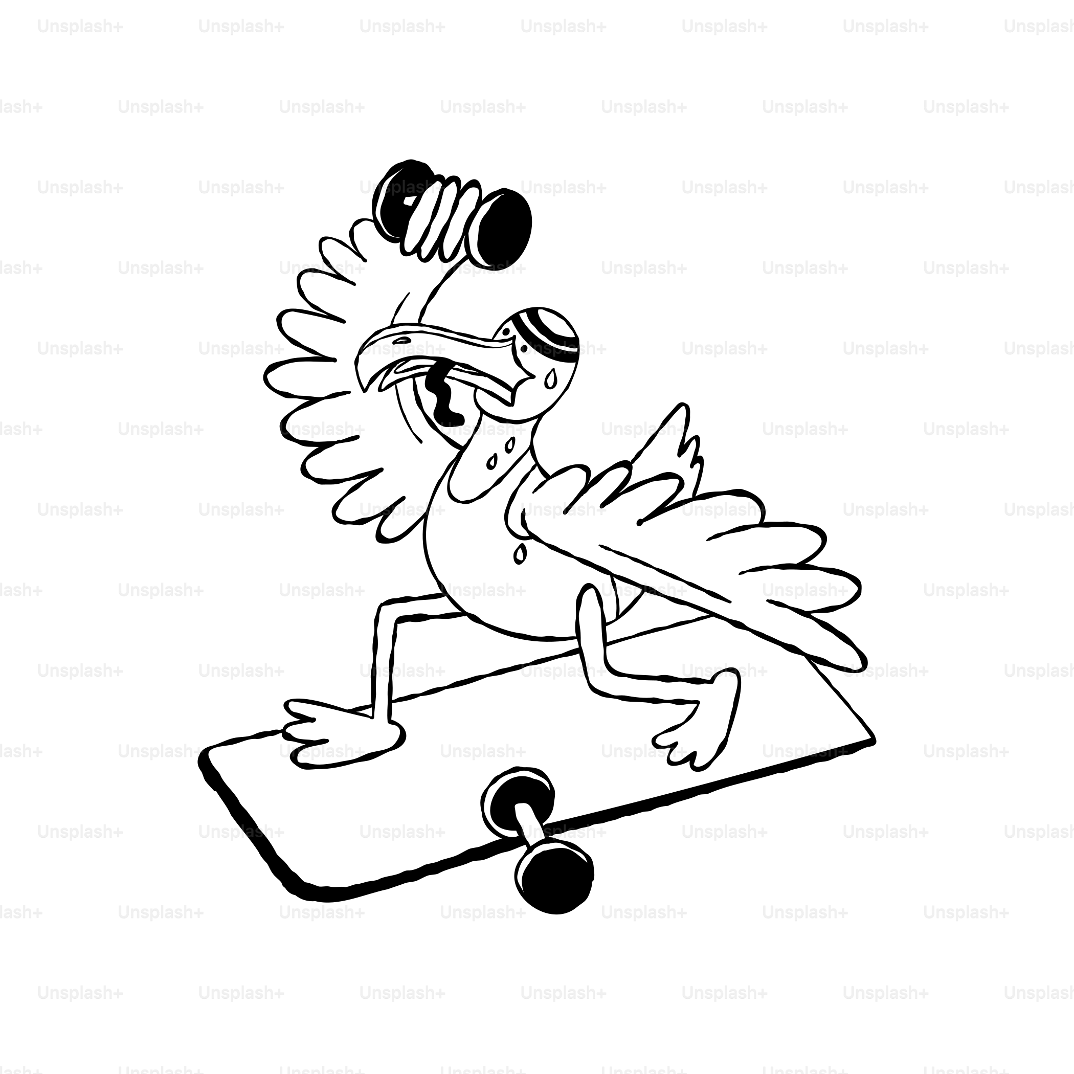 A black and white drawing of a bird on a skateboard