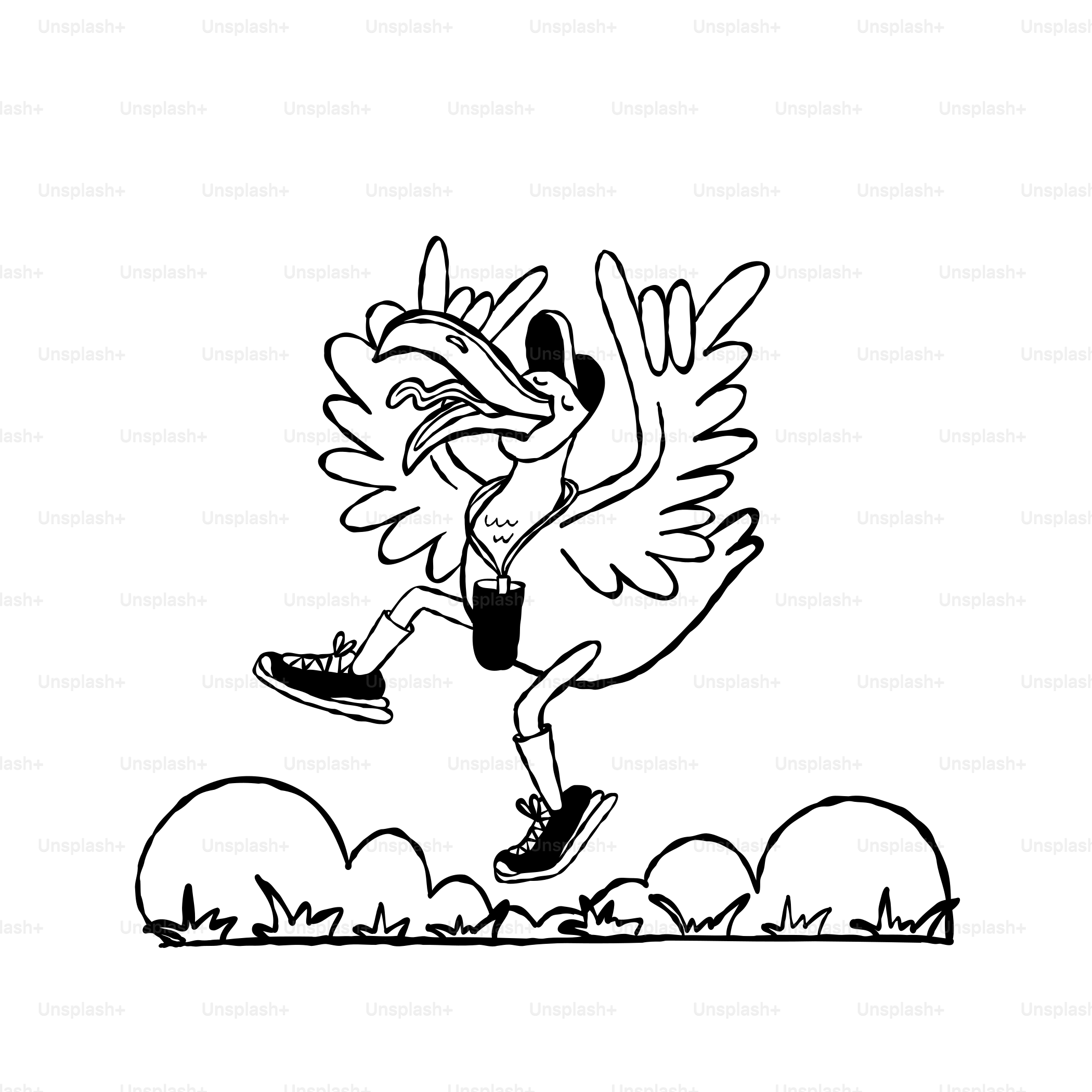 A black and white drawing of a bird with wings