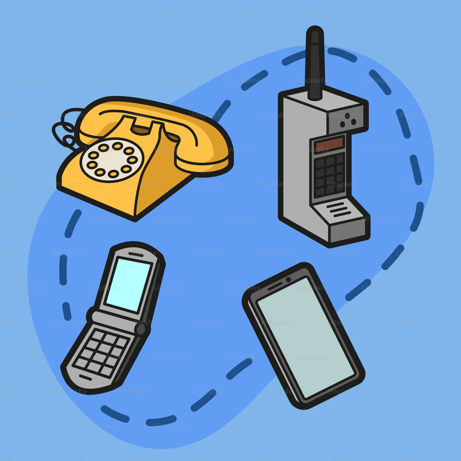 Um fundo azul com um telefone, um celular, um celular e um