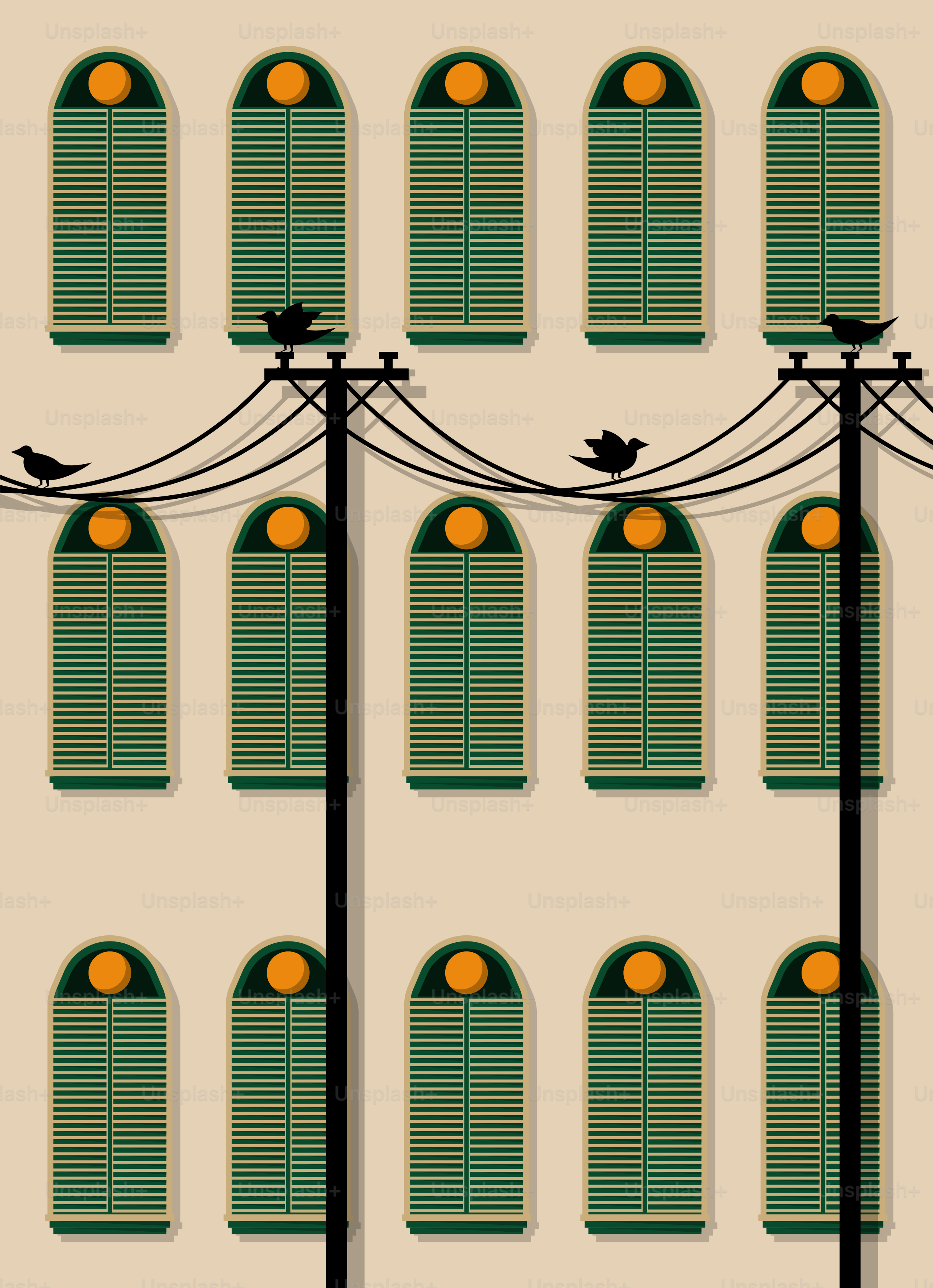 Una fila di finestre con uccelli seduti sopra di loro