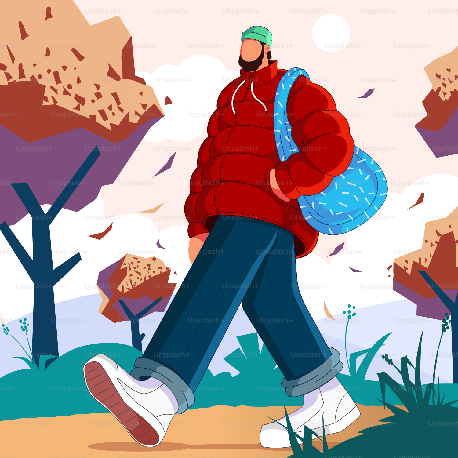 Un uomo con una giacca rossa che porta una borsa blu