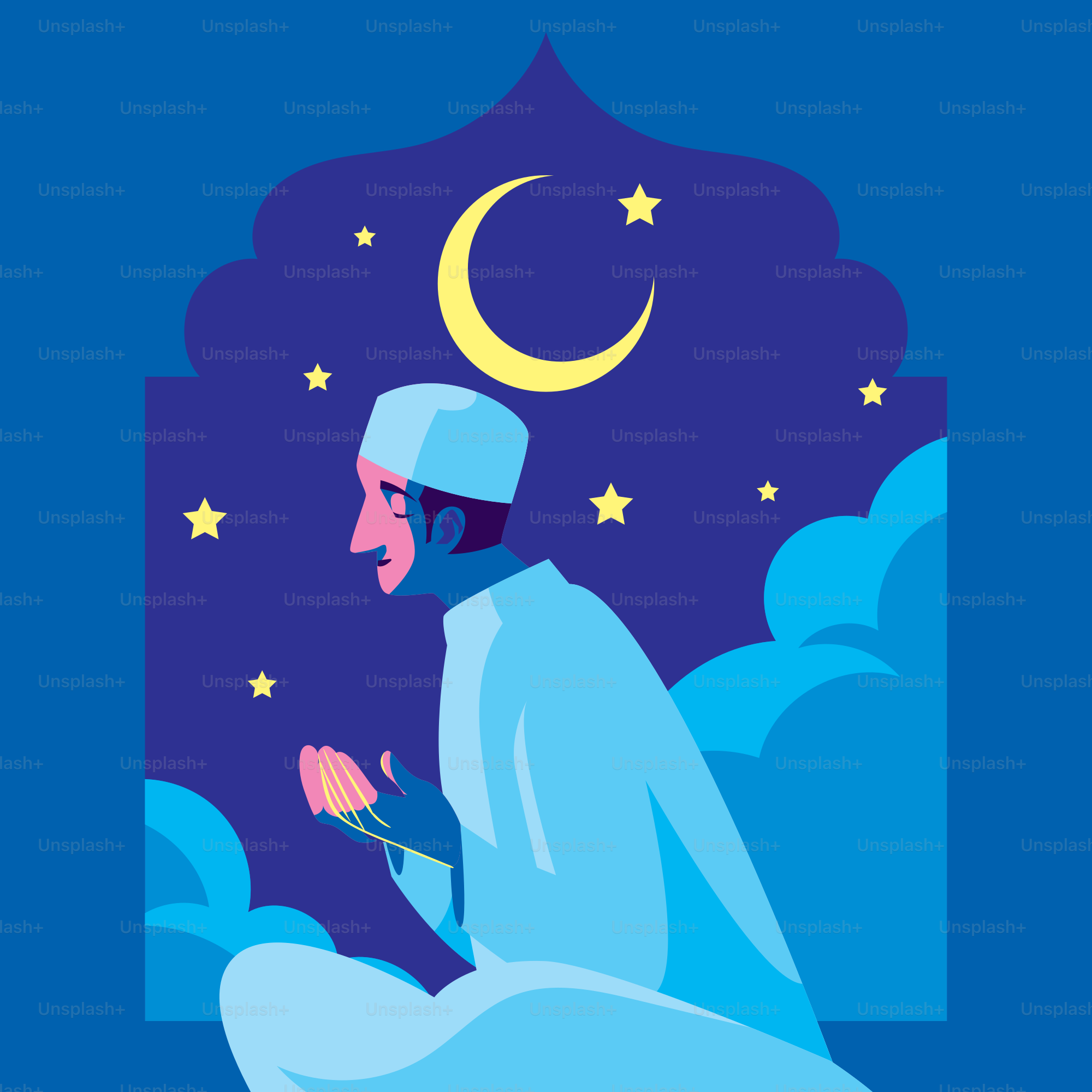 A man sitting on a cloud with a crescent above him