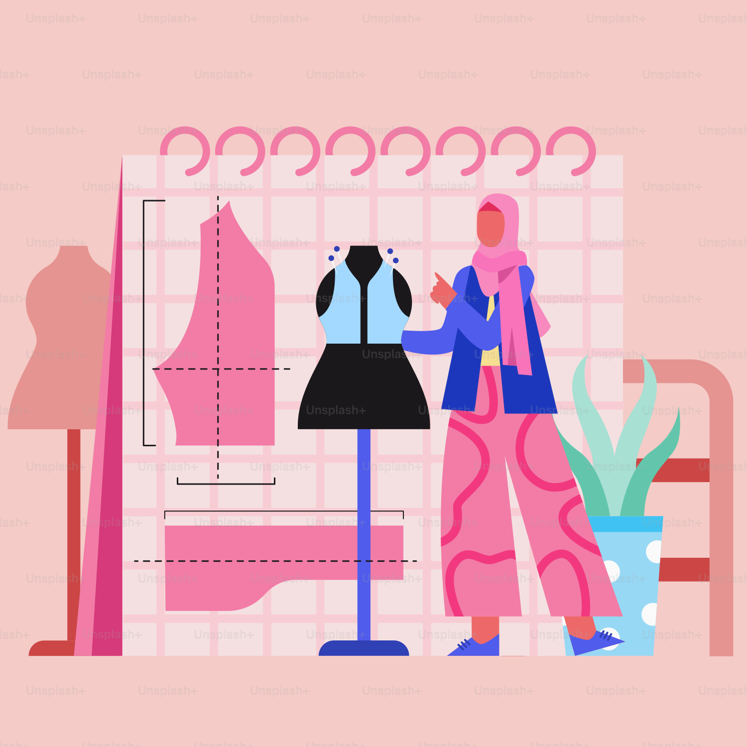 A woman standing in front of a dress on a mannequin