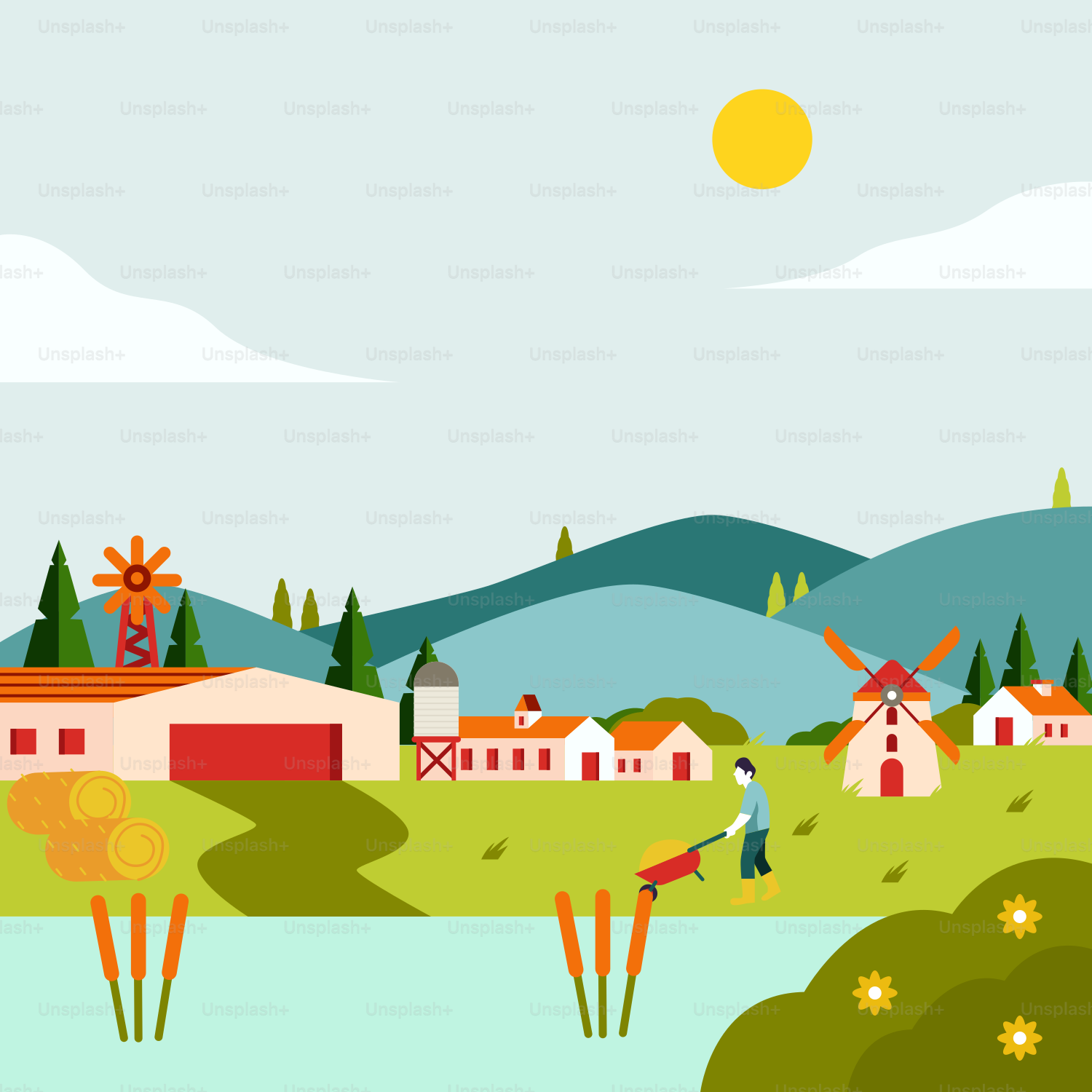 A farm scene with windmills and a lake