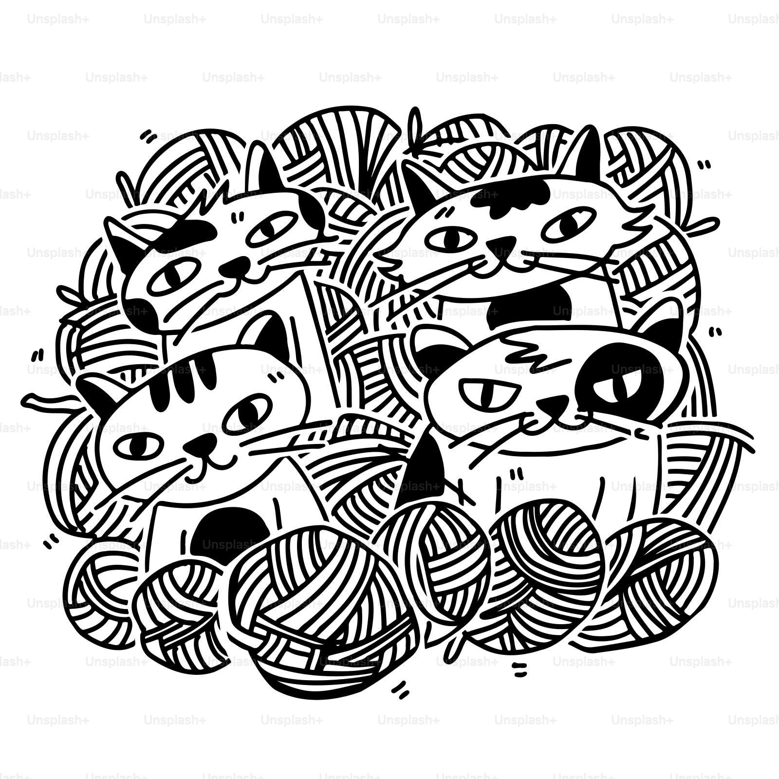 A black and white drawing of cats playing with balls of yarn