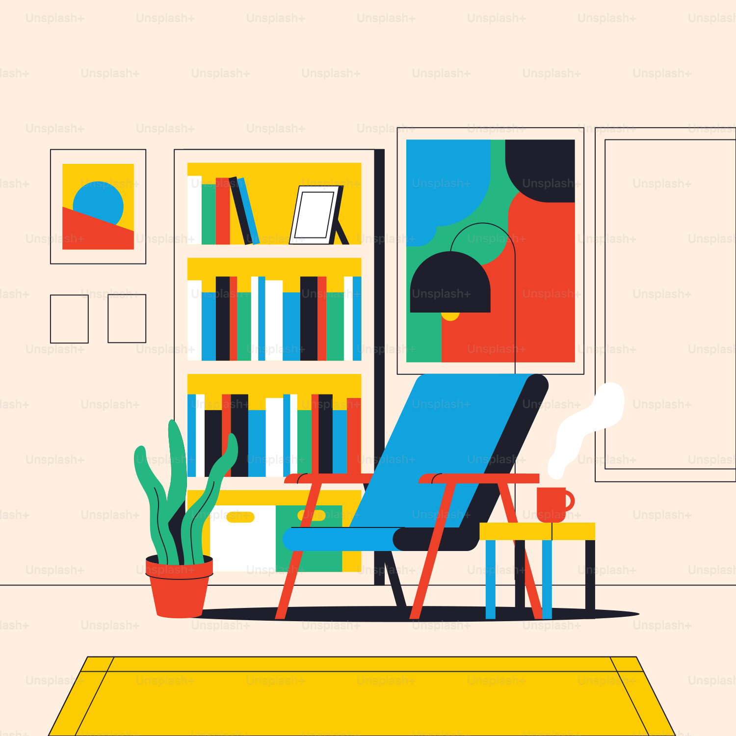 Un salón lleno de muebles y una estantería