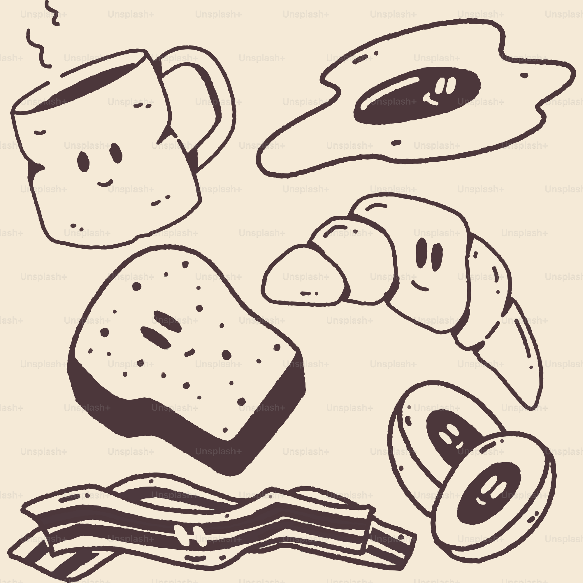 A black and white drawing of breakfast items