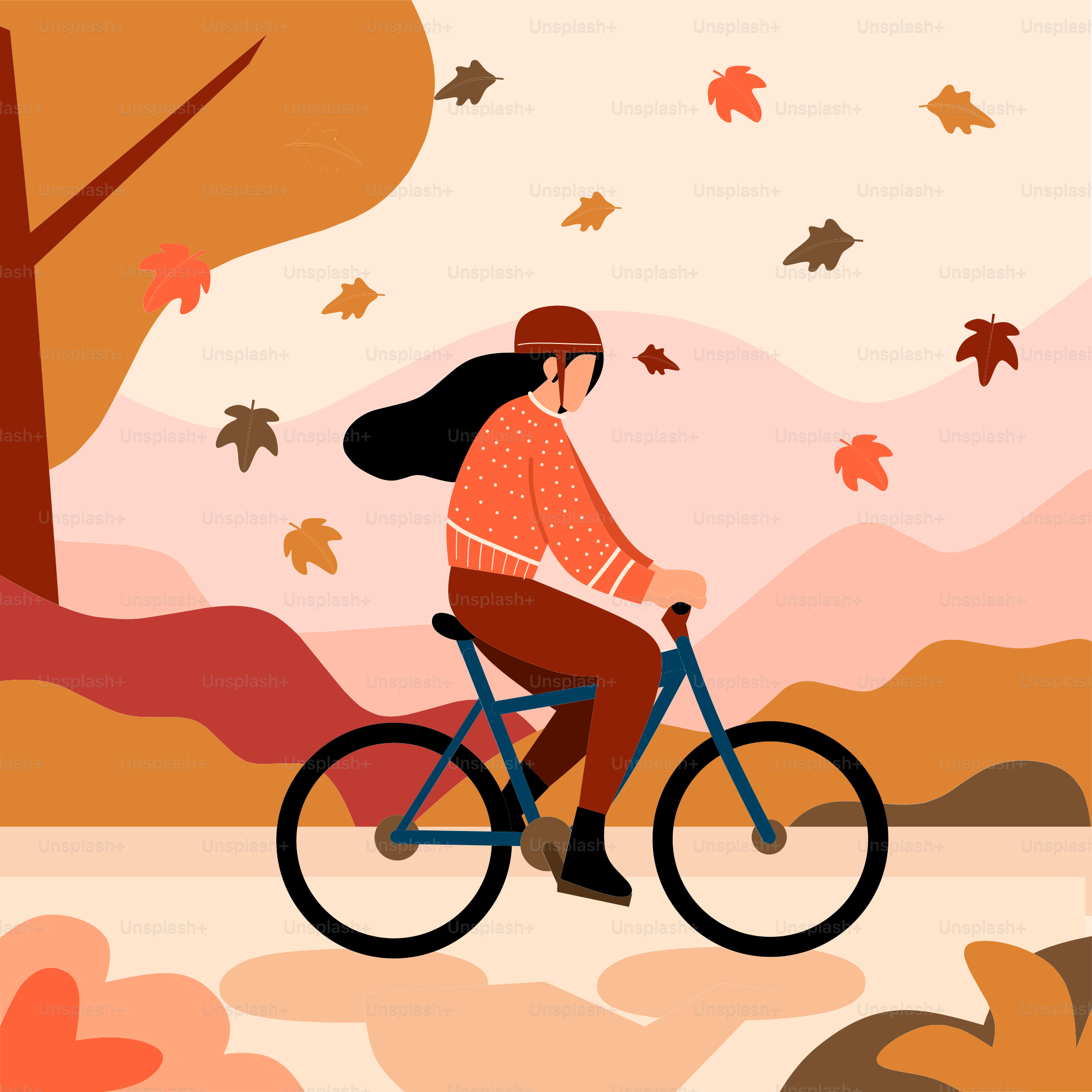 A woman riding a bike through a forest filled with leaves