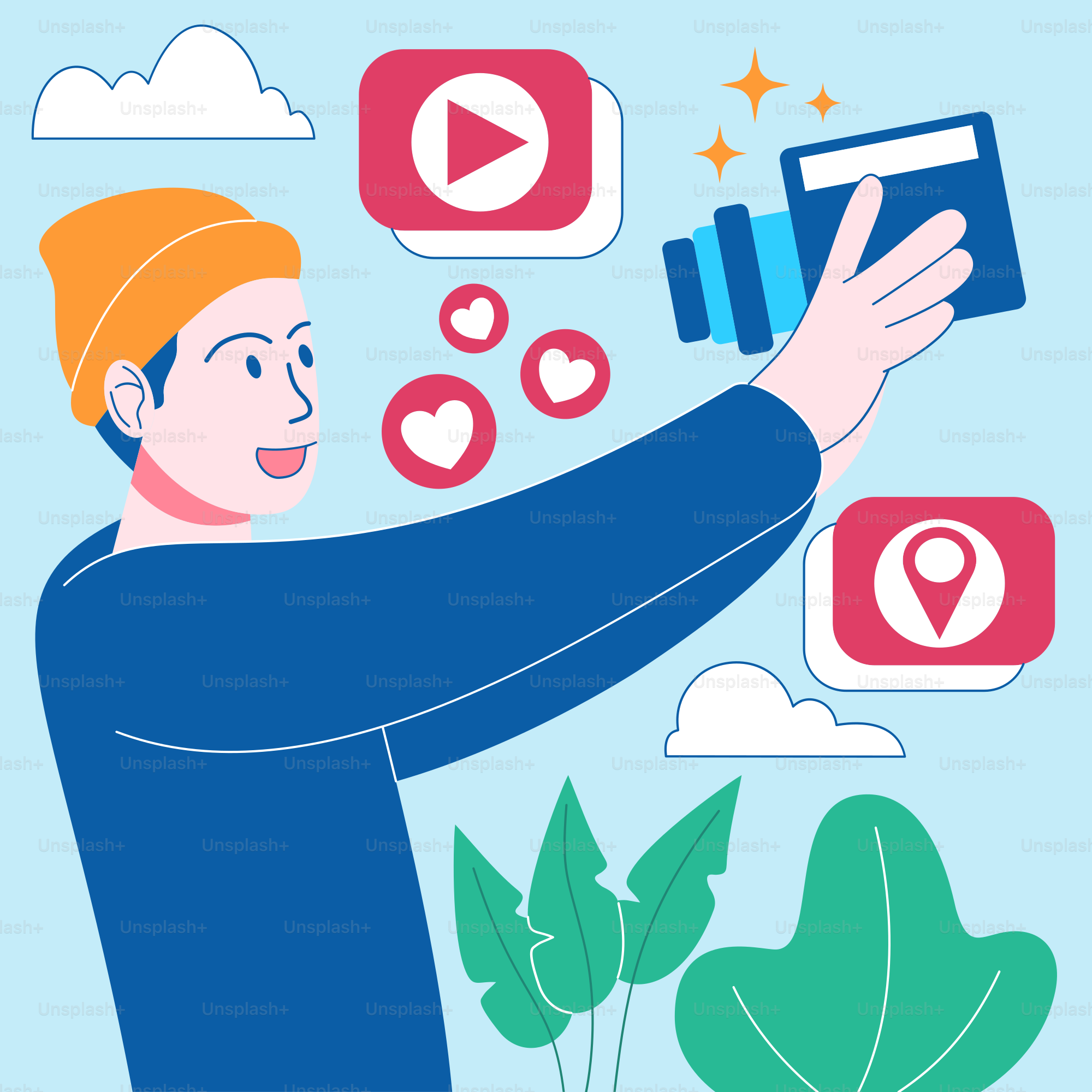 Um homem segurando um megafone com ícones de mídia social ao seu redor