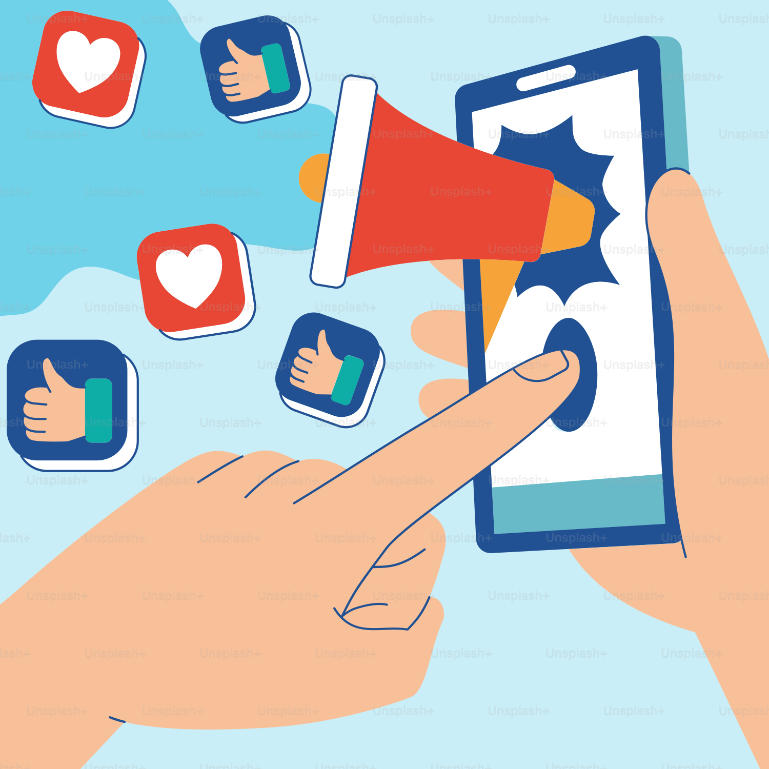 A hand holding a phone with social icons coming out of it