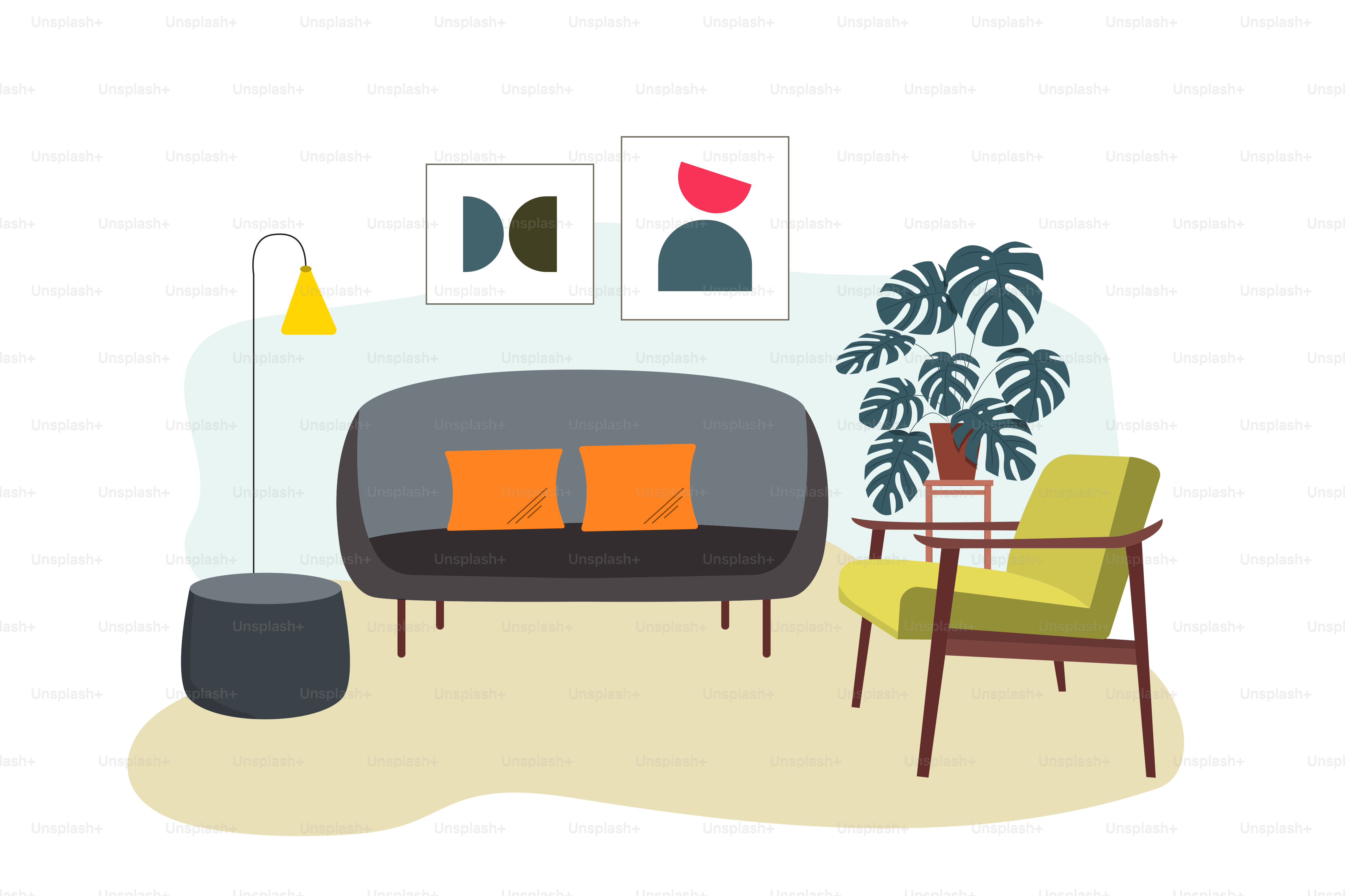 Ein Wohnzimmer voller Möbel und einer Pflanze