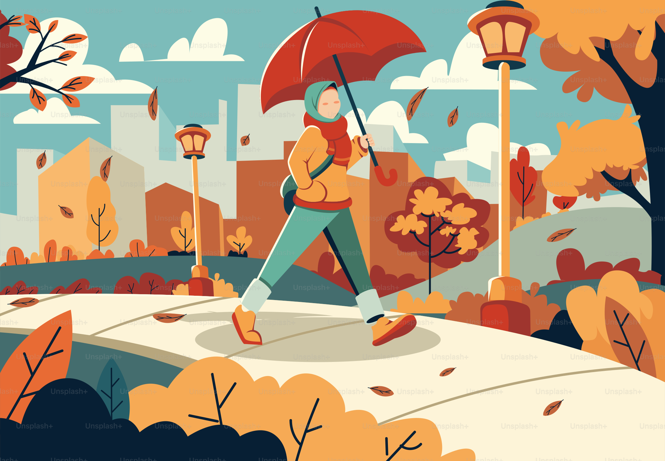 Eine Person, die mit einem Regenschirm im Park spazieren geht