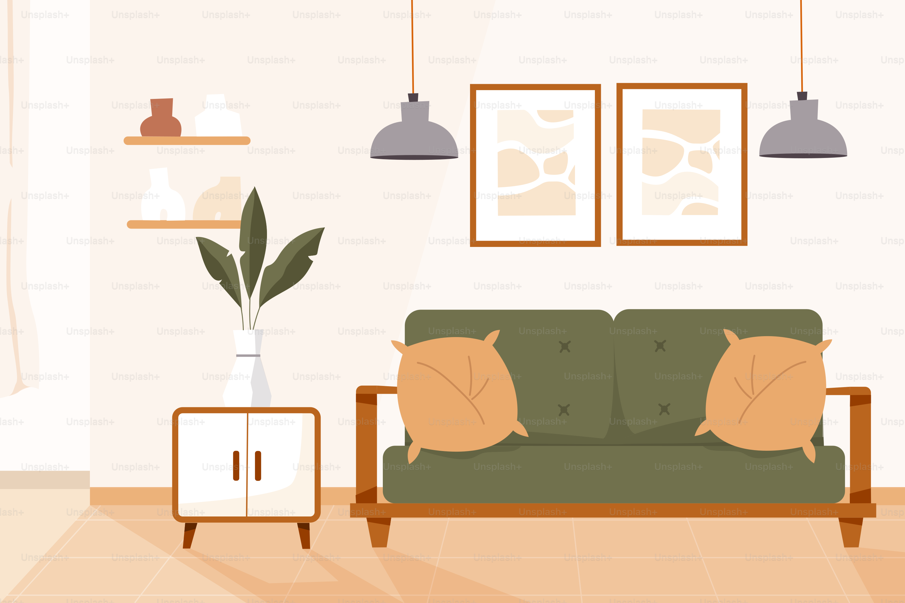 Ein Wohnzimmer mit einem grünen Sofa und zwei Lampen