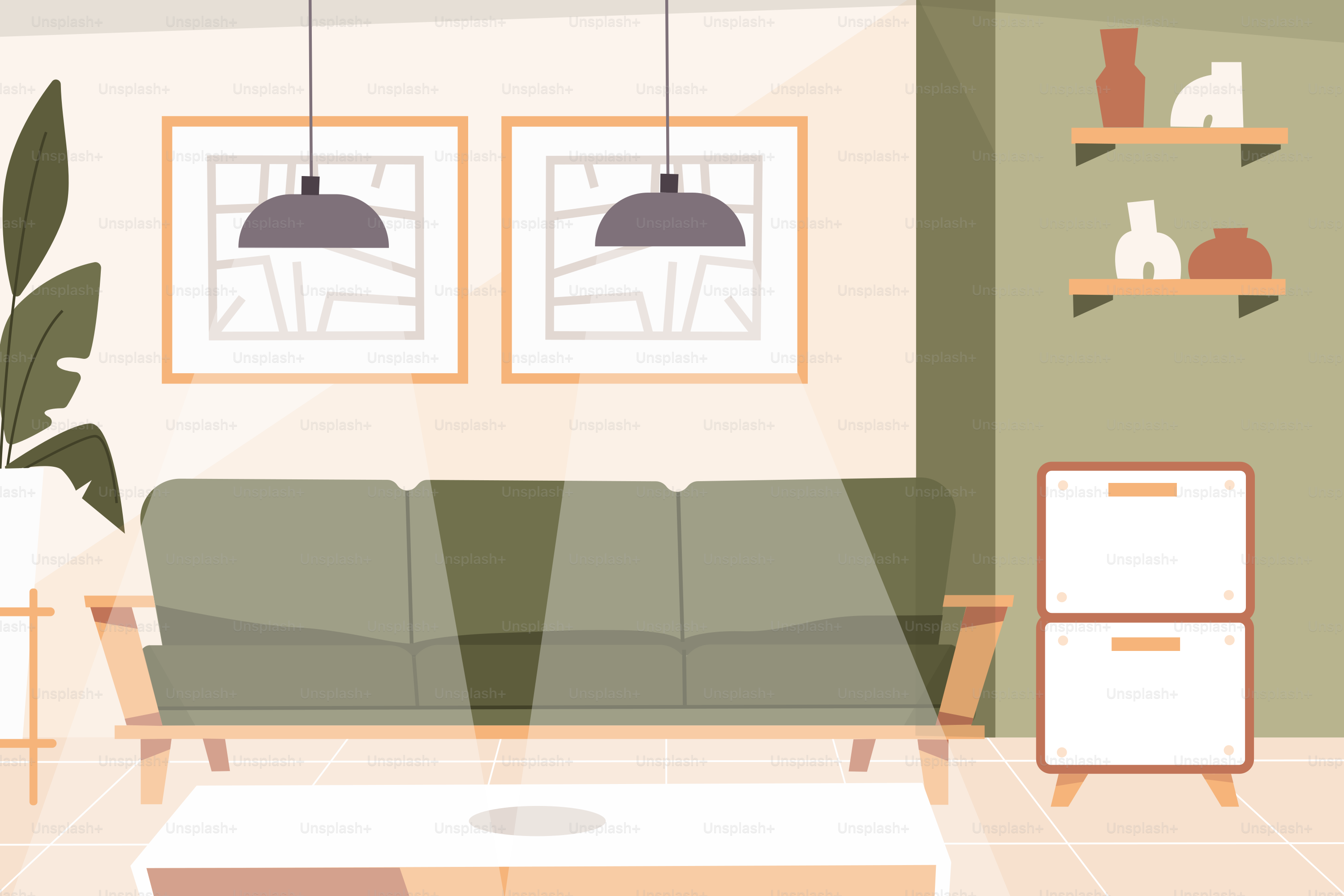 A living room with a couch and a coffee table