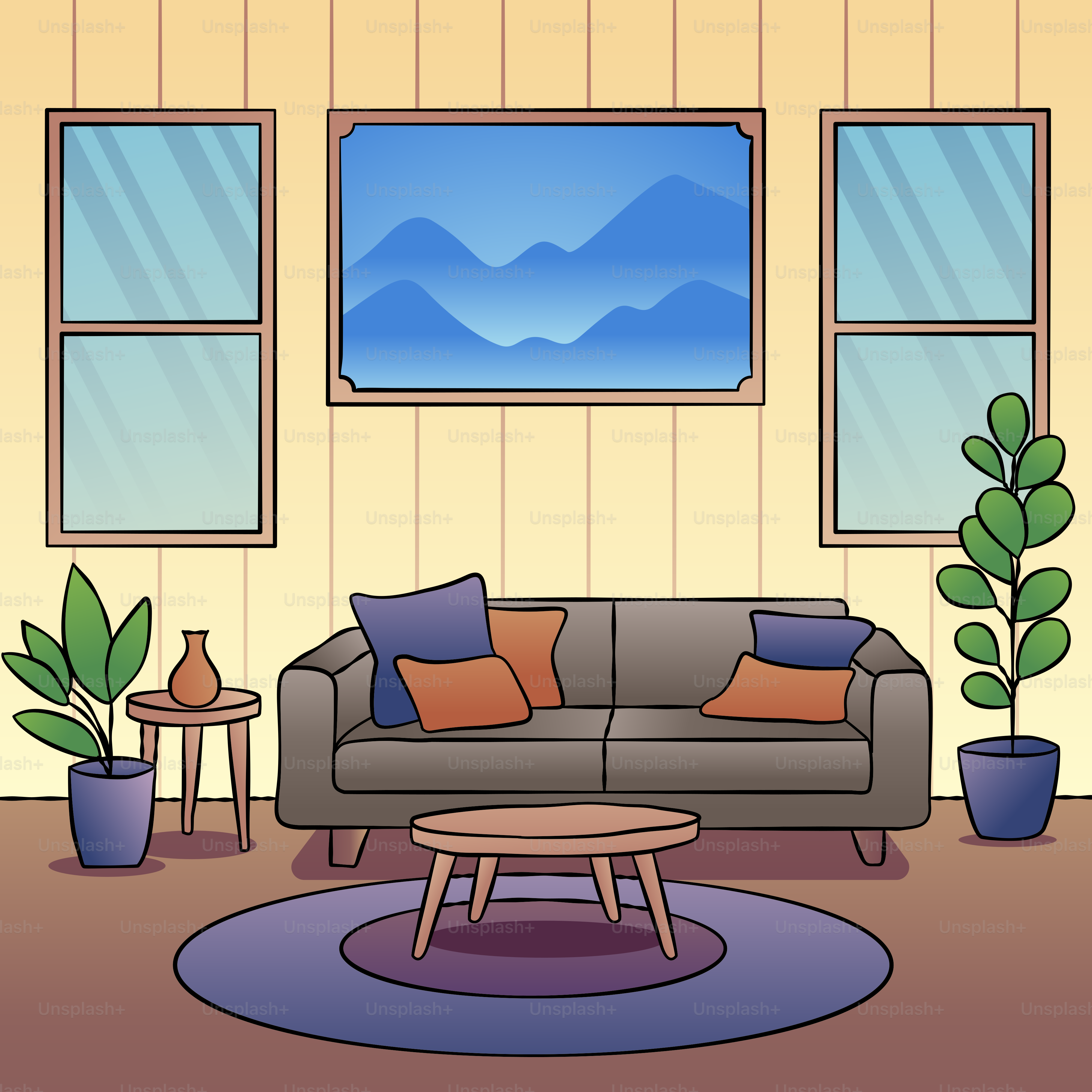 A living room with a couch and a table