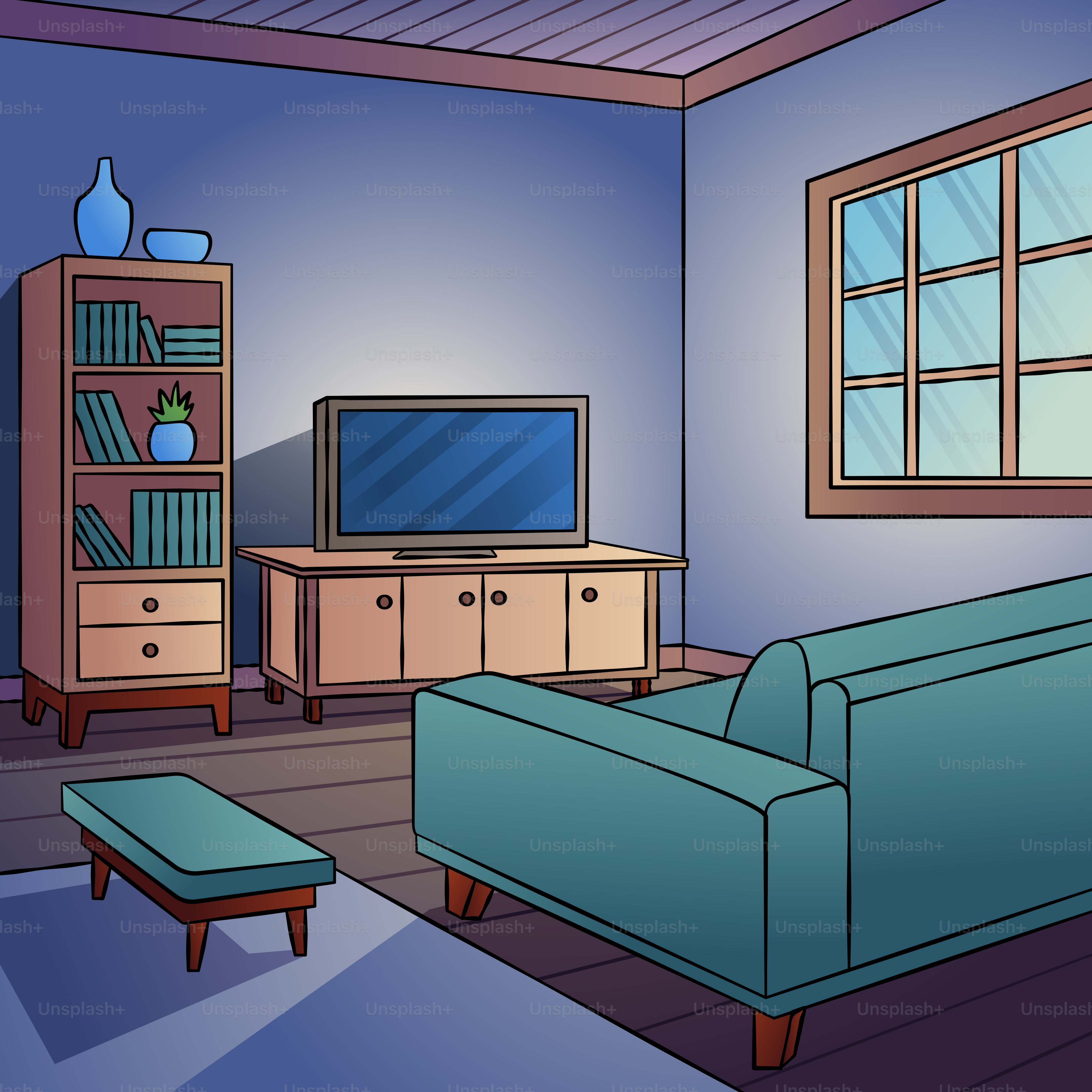 A living room with a blue couch and a TV